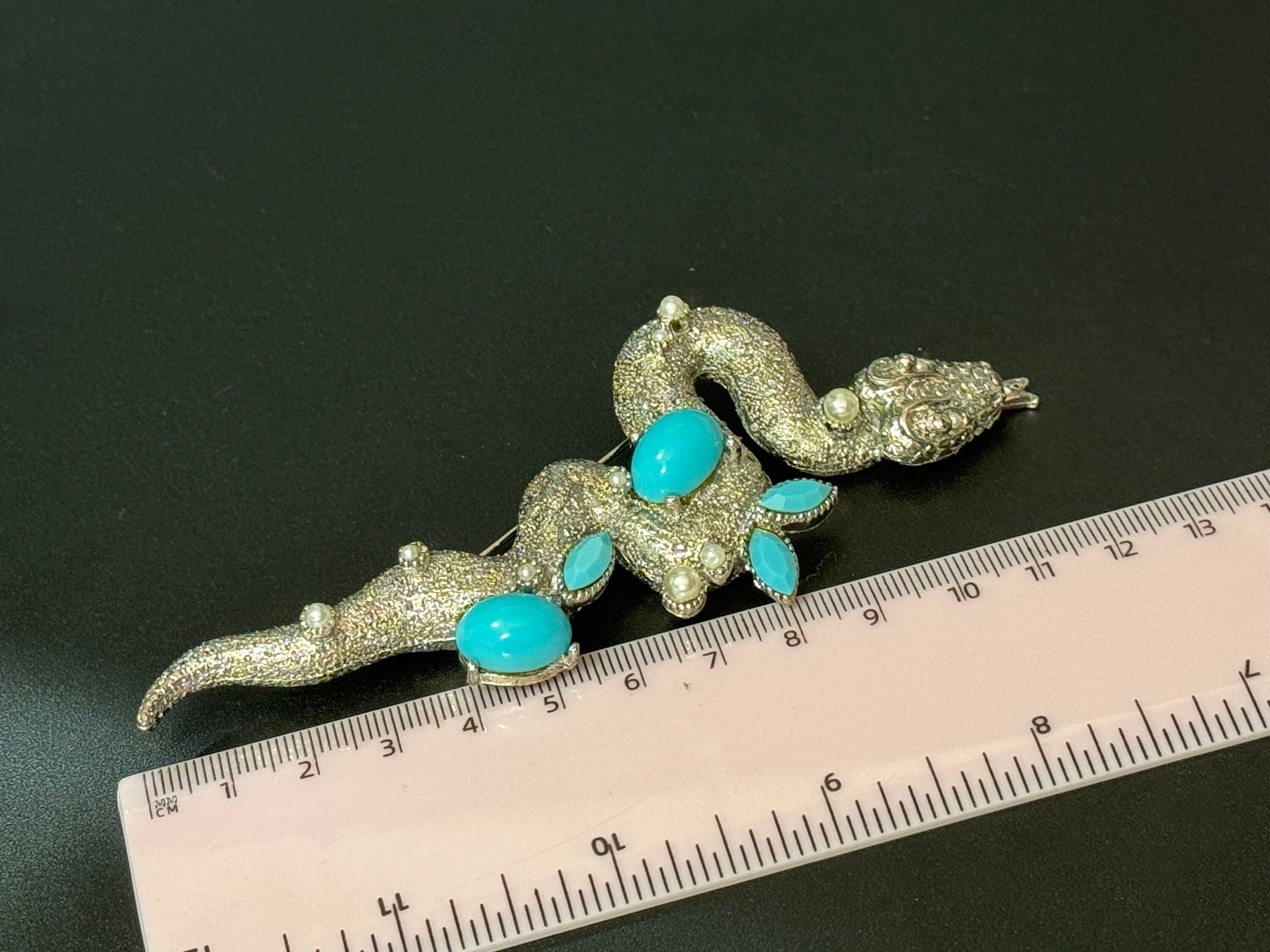 vintage 12cm large silver tone snake brooch set with faux turquoise and pearls