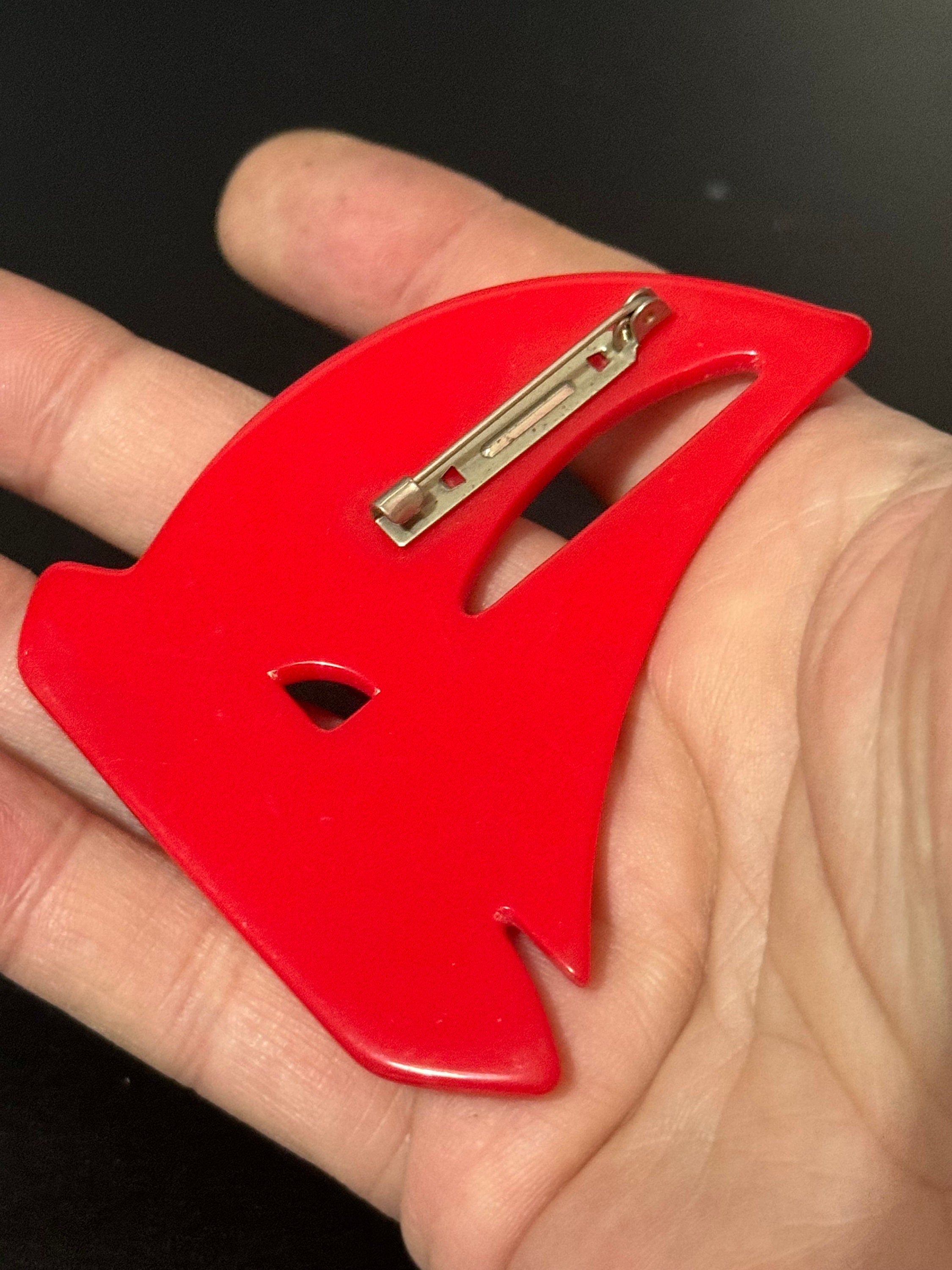 Oversized true vintage French early plastic celluloid red nautical sailing yacht boat Brooch