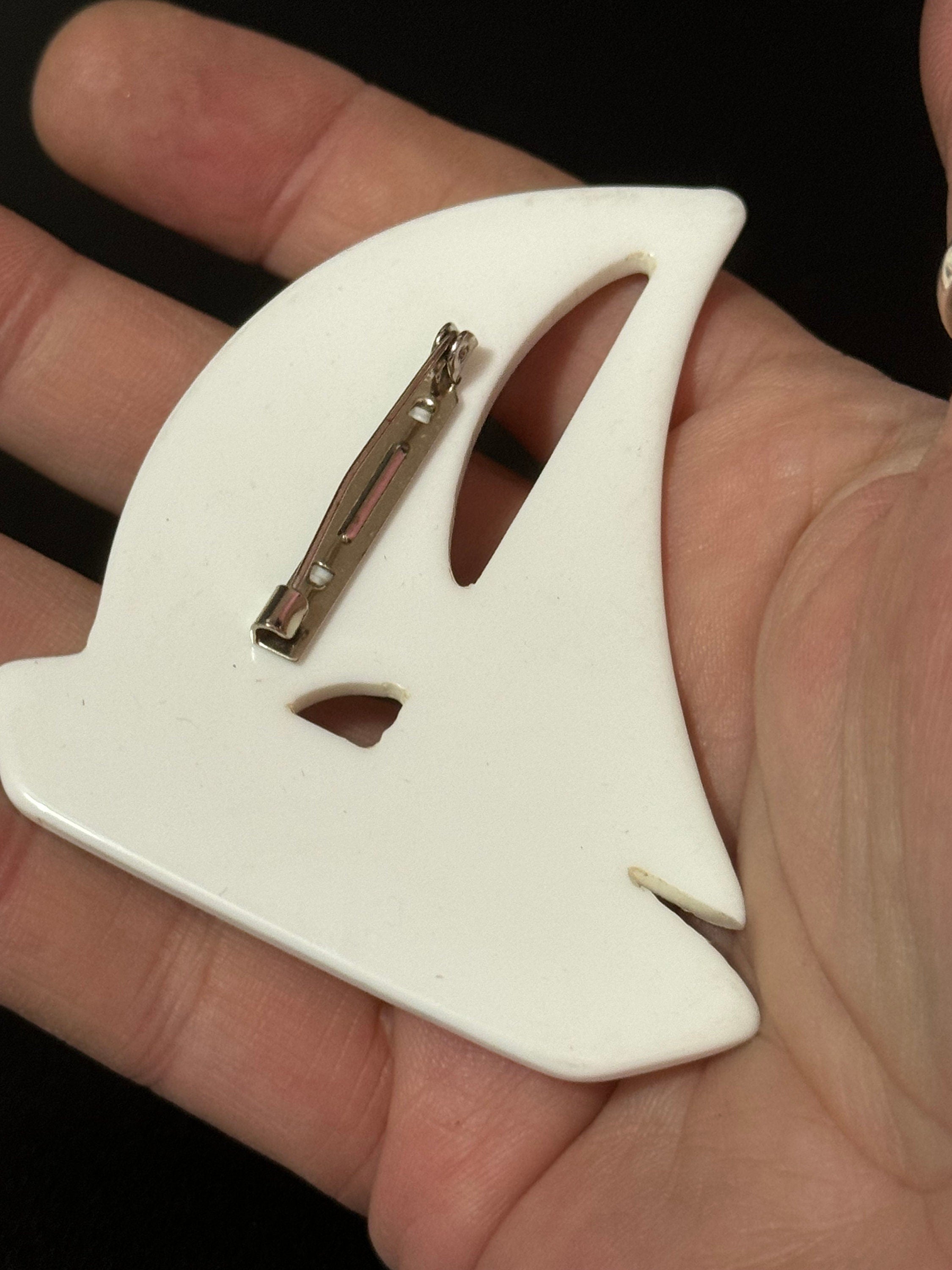 Oversized true vintage French early plastic celluloid white nautical sailing yacht boat Brooch