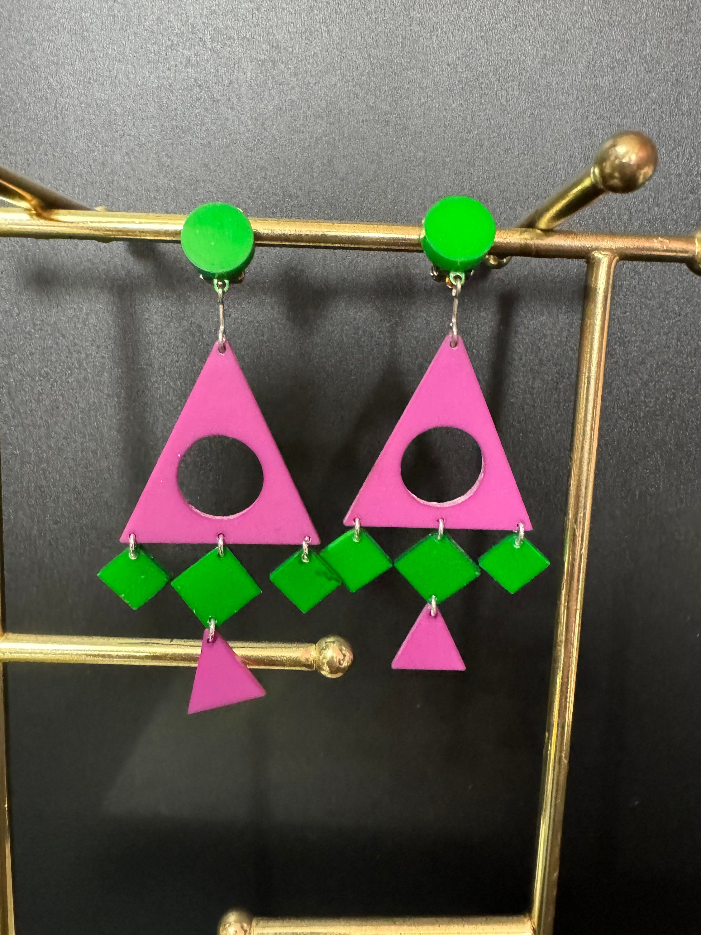 1960s French Clip On Earrings: Vintage Geometric Plastic Dangle