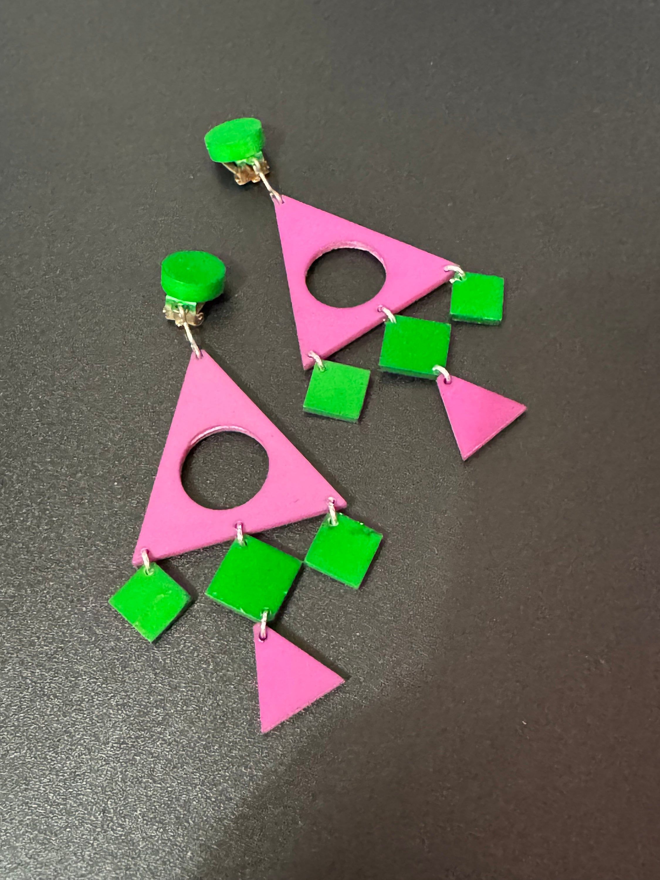 1960s French Clip On Earrings: Vintage Geometric Plastic Dangle