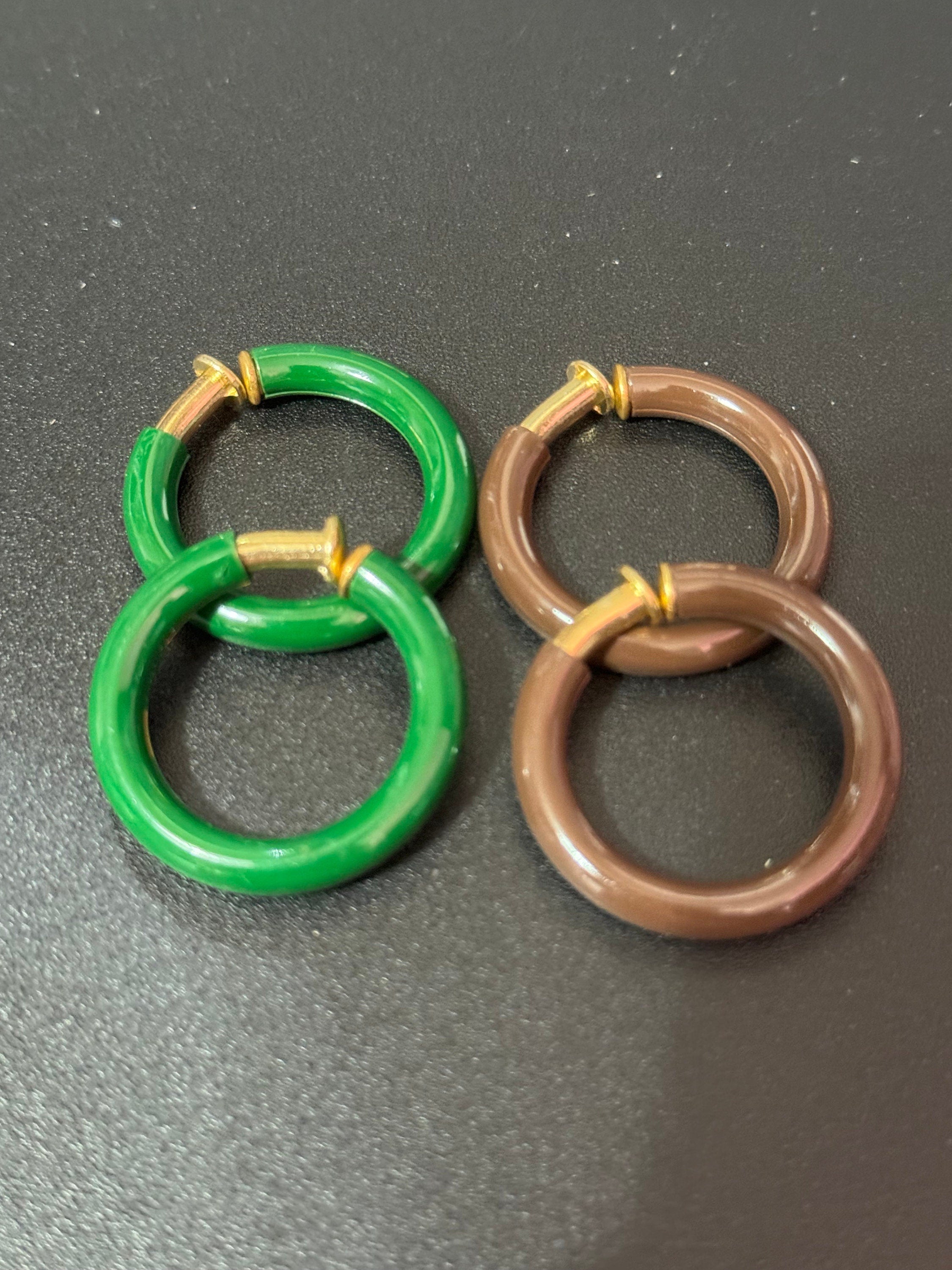 true vintage 1960s French brown enamel metal clip on 3cm round hoop earrings made old shop stock