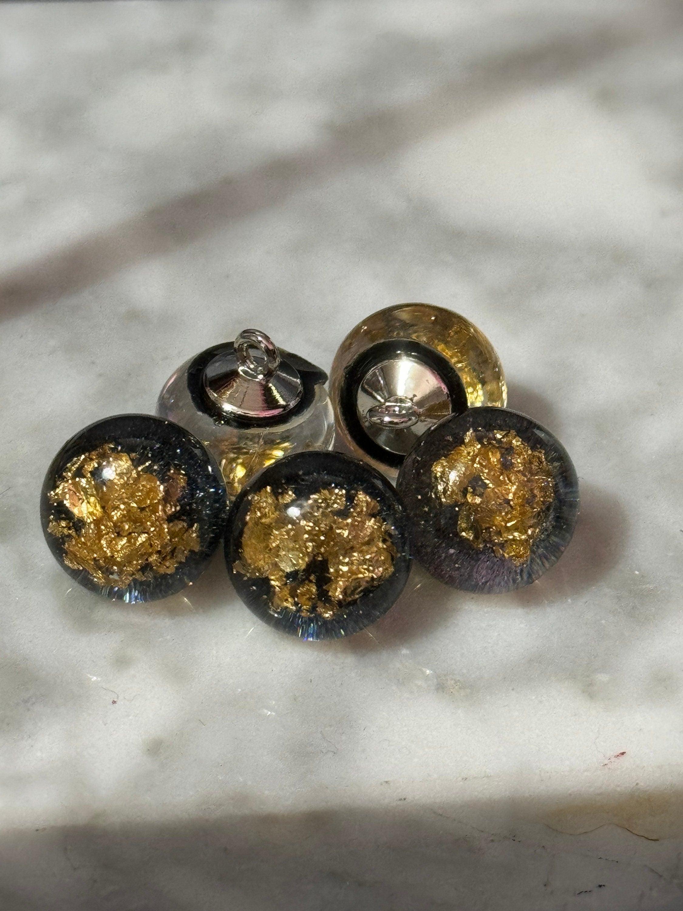 Gold Leaf Acrylic Dome Buttons: Clear Black Shank Buttons (10 pc)