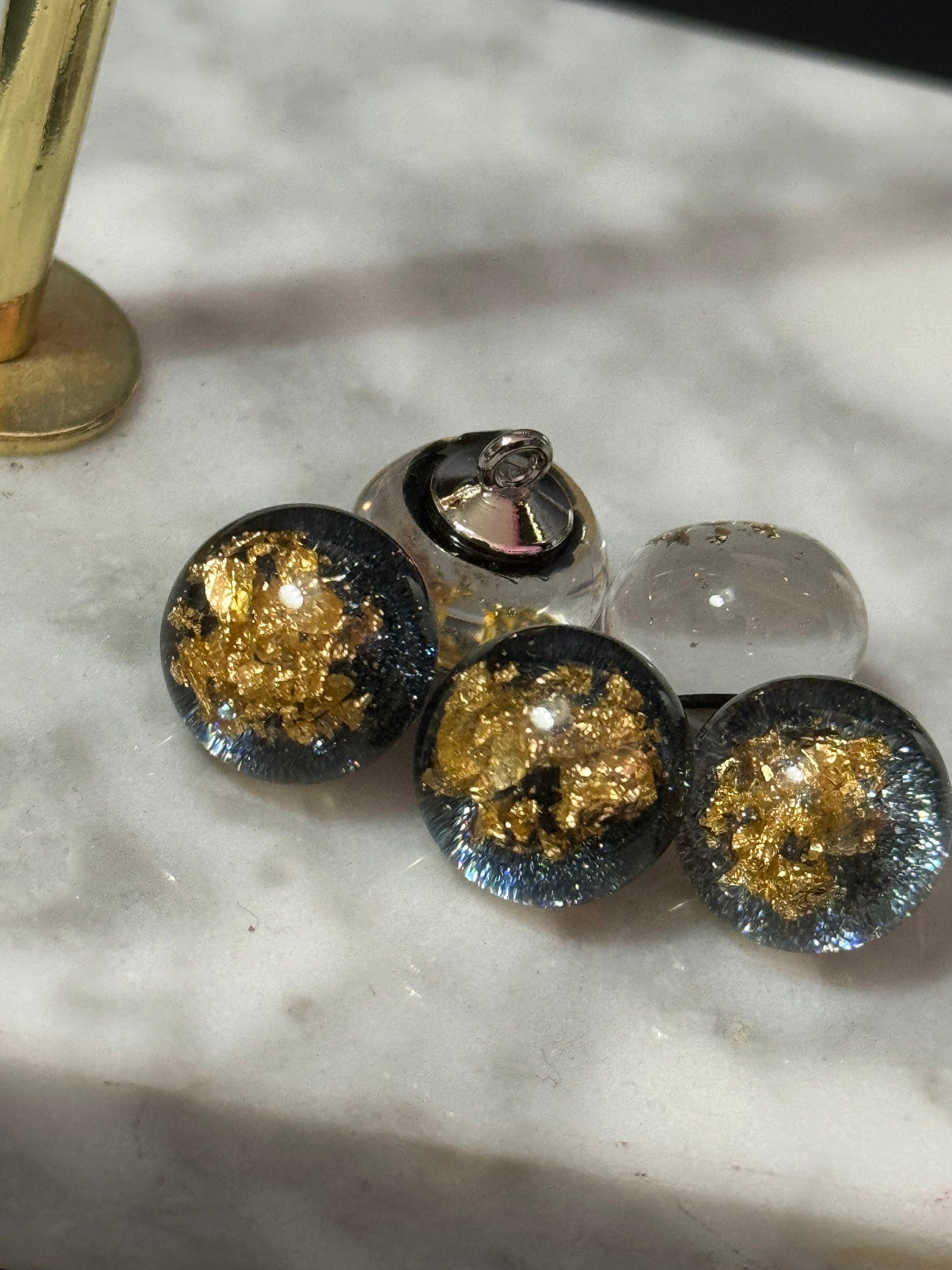 Gold Leaf Acrylic Dome Buttons: Clear Black Shank Buttons (10 pc)