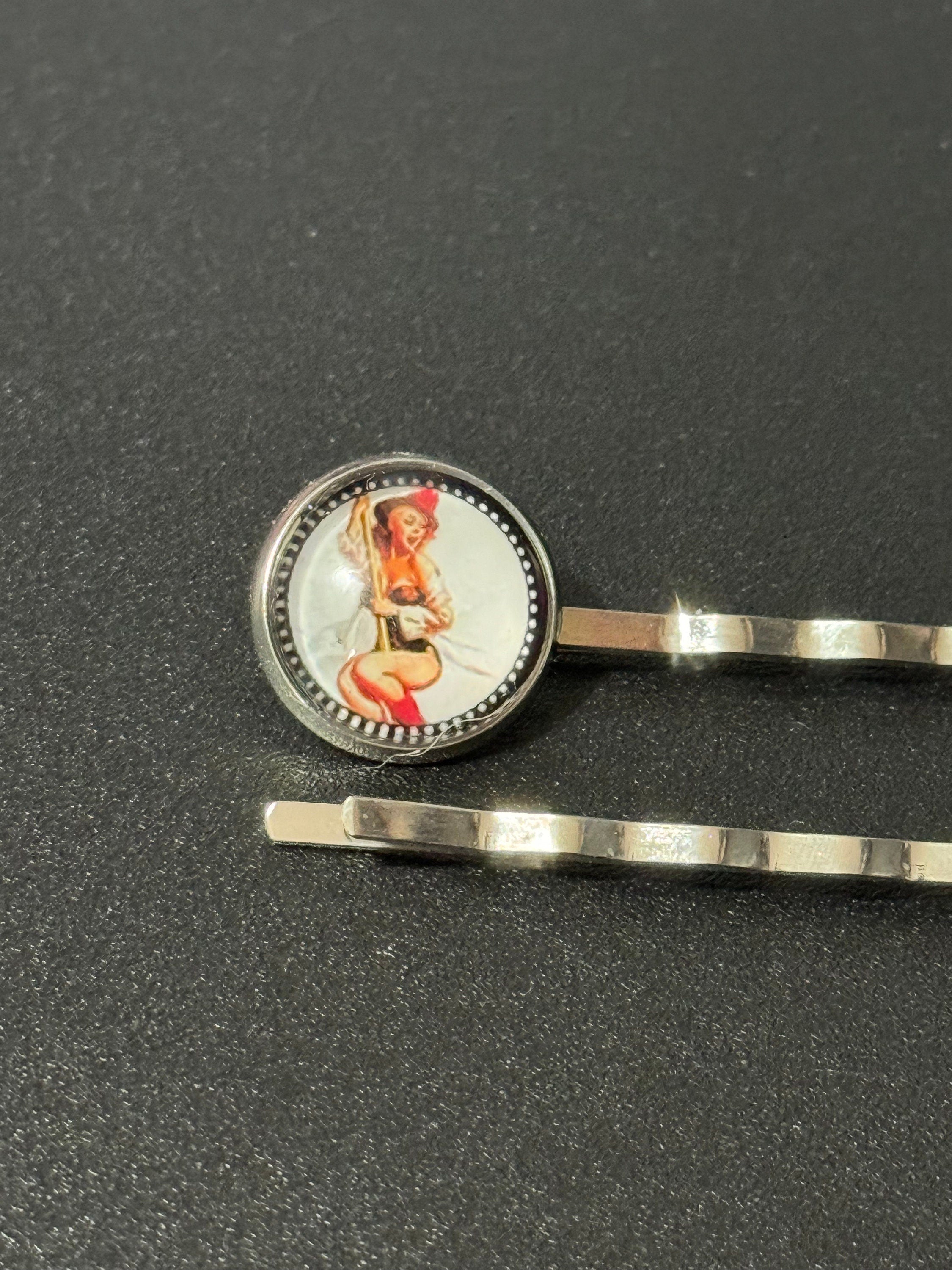 Vintage Pin Up Girl Hair Slides: Silver Tone Hollywood Glamour Clips