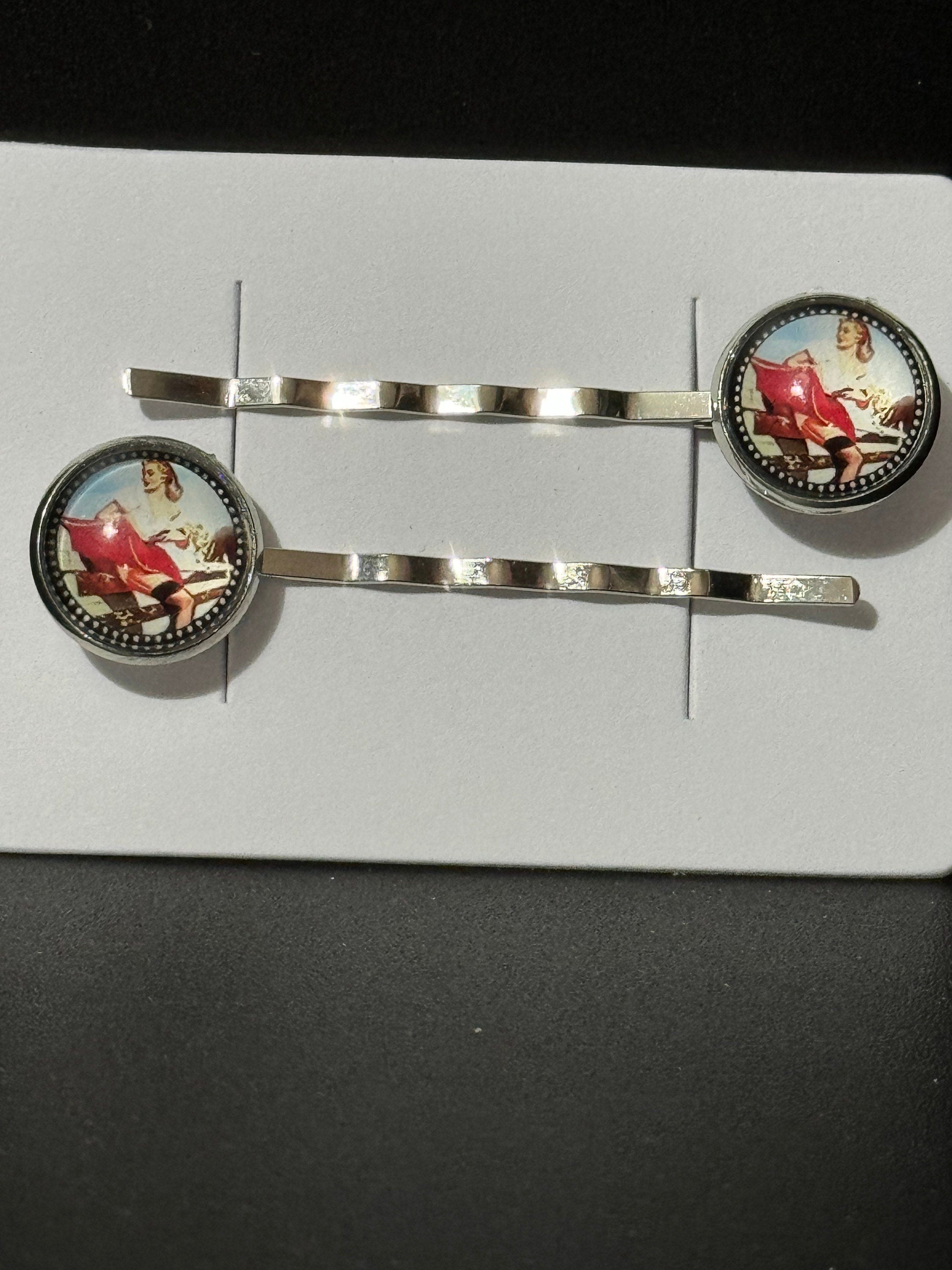 pin up girl model wavy hair slides, Vintage Hollywood glamour style, silver tone clips with glass cabochons, red
