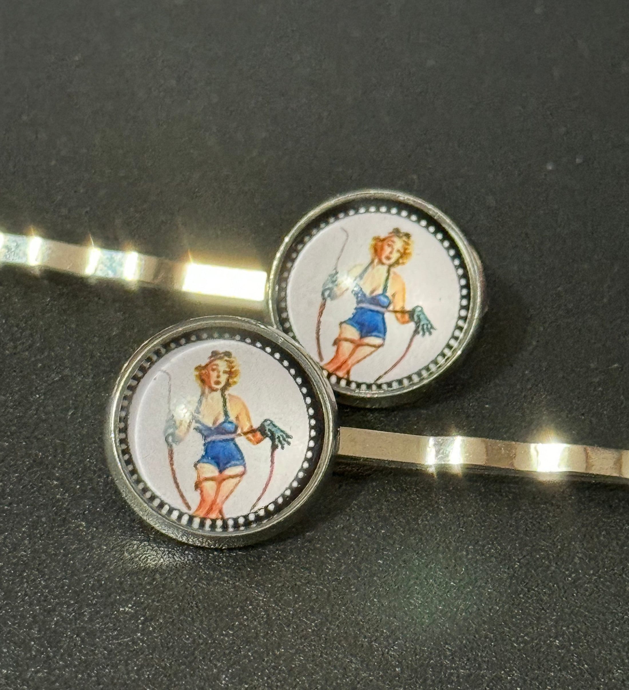 pin up girl model wavy hair slides, Vintage Hollywood glamour style, silver tone clips with glass cabochons, blue