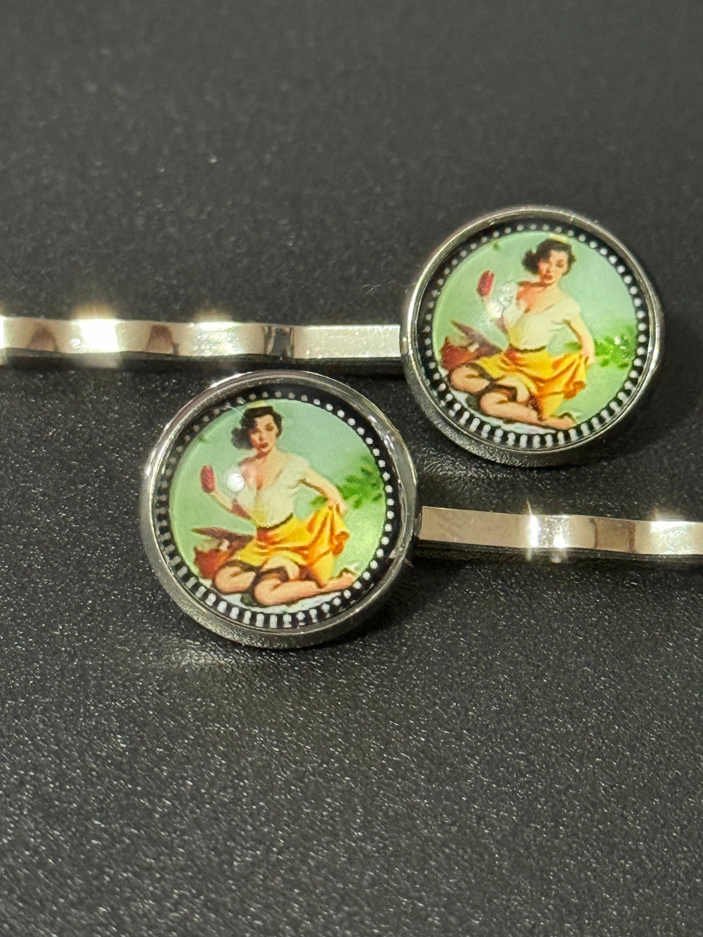 Vintage Pin Up Girl Hair Clips: Silver Tone Glamour Slides