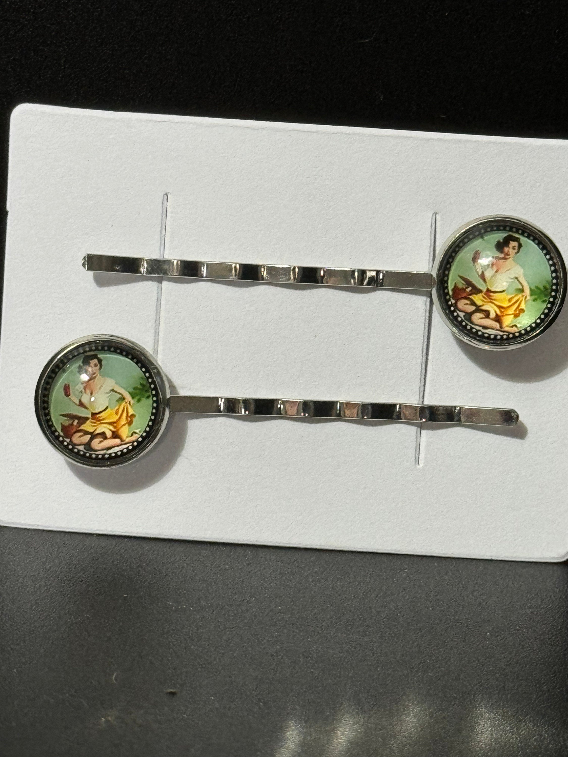 Vintage Pin Up Girl Hair Clips: Silver Tone Glamour Slides