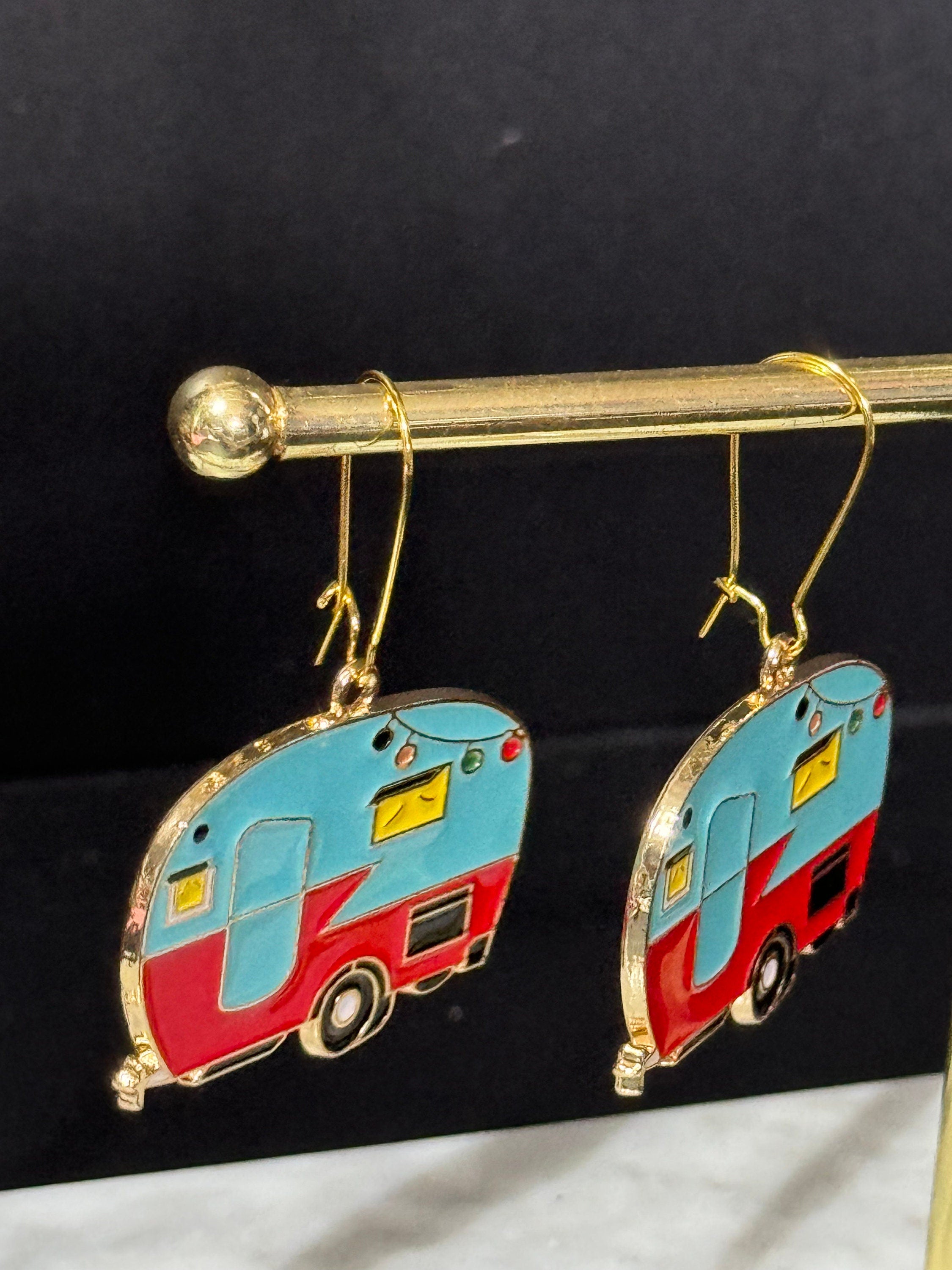 Oversized big novelty blue and red enamel vintage Caravan drop earrings gold tone