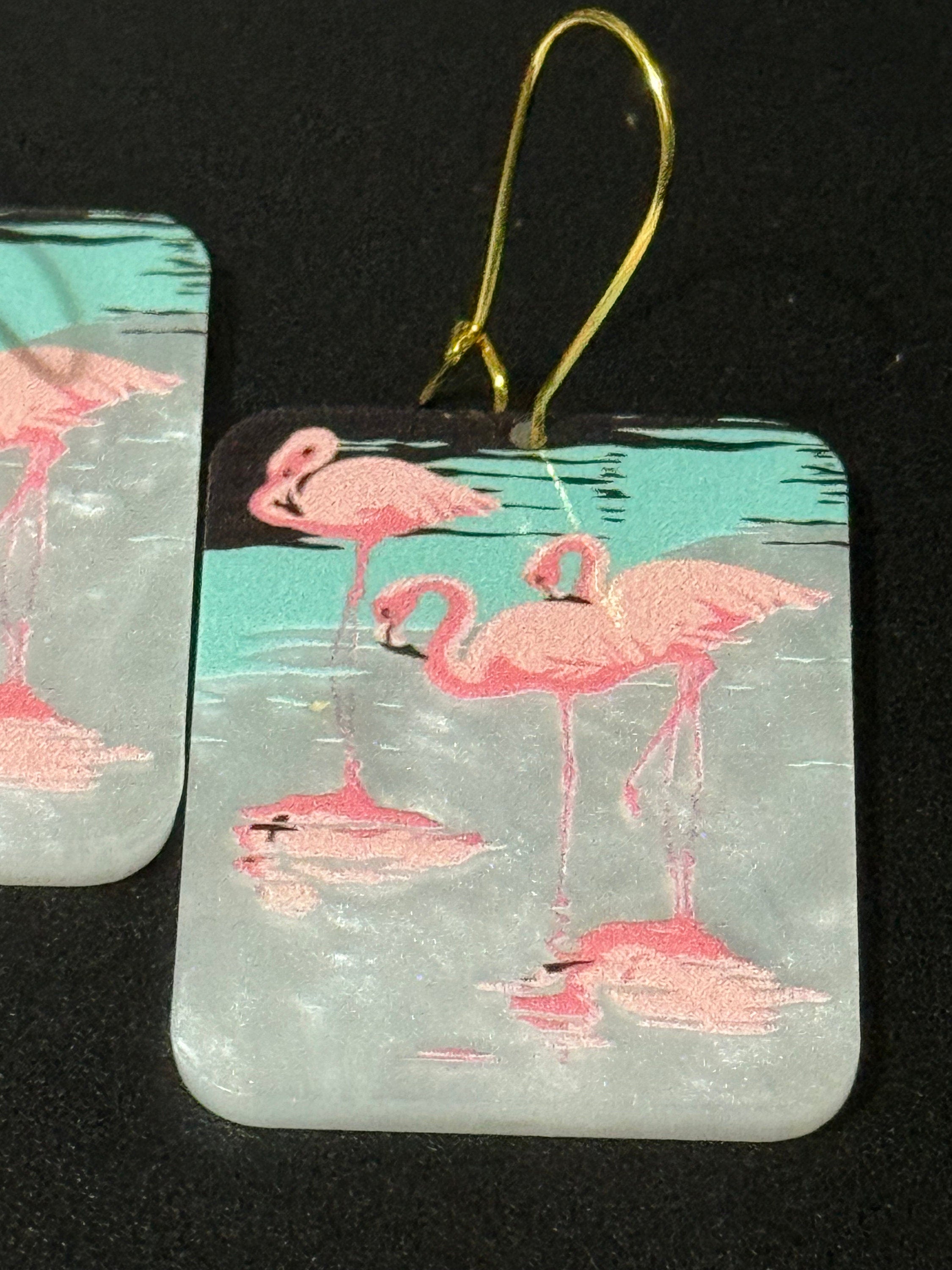 Oversized novelty Bright Pink large pearl Acrylic panel Flamingo drop earrings