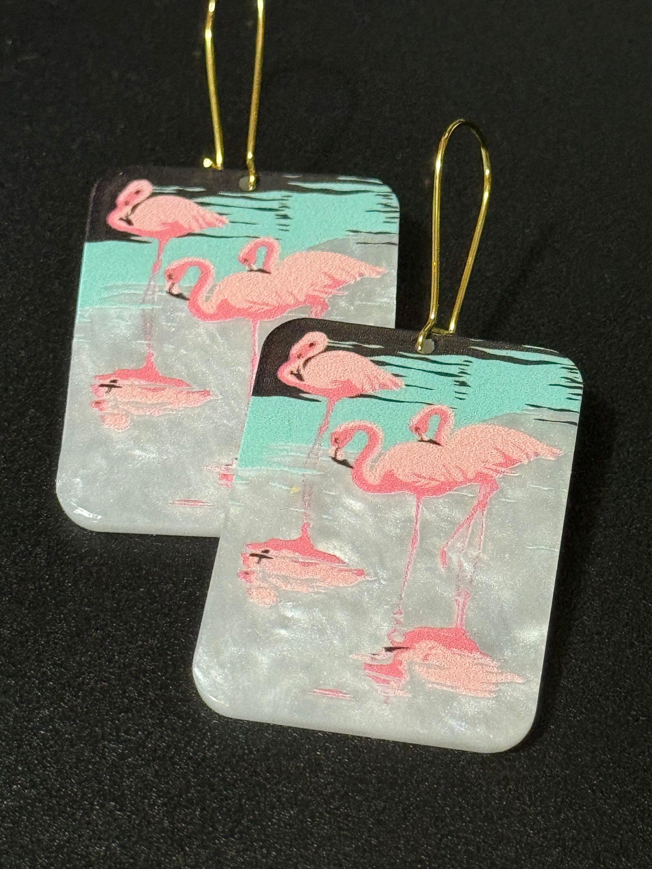 Oversized novelty Bright Pink large pearl Acrylic panel Flamingo drop earrings
