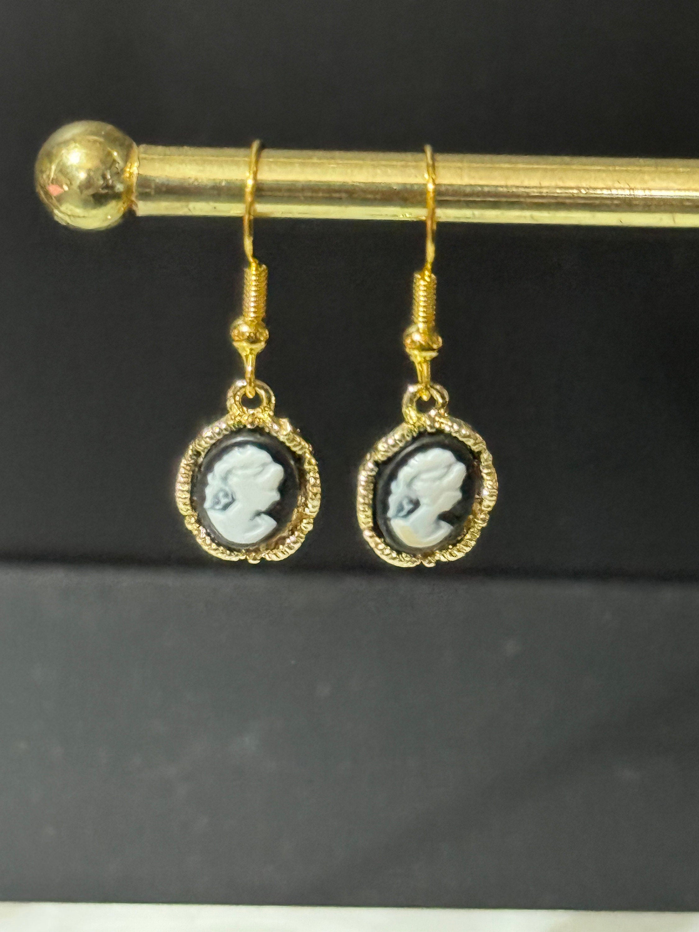 gold tone small black and white CAMEO drop earrings