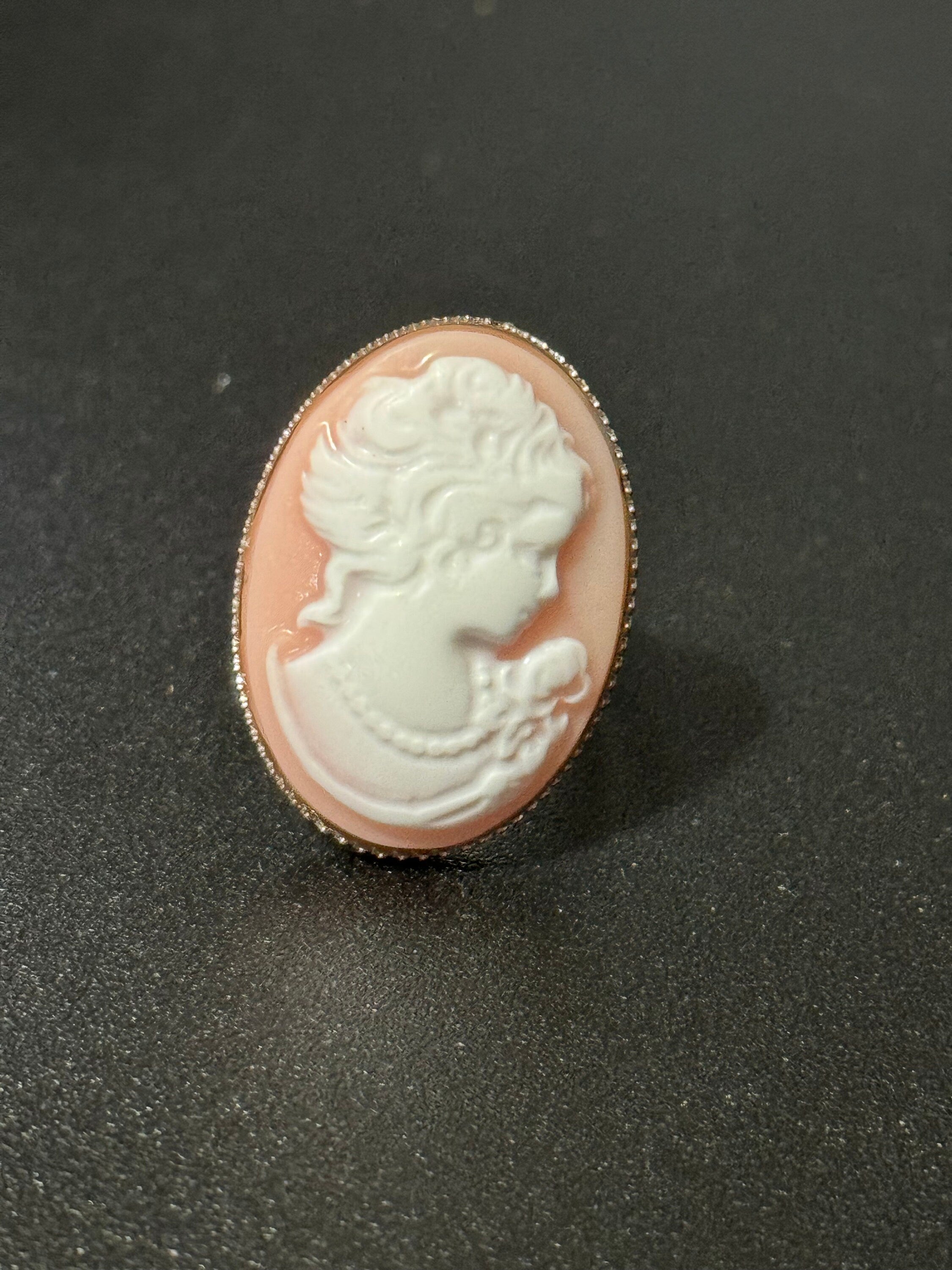 Pink resin cameo lady ring adjustable non tarnish stainless steel