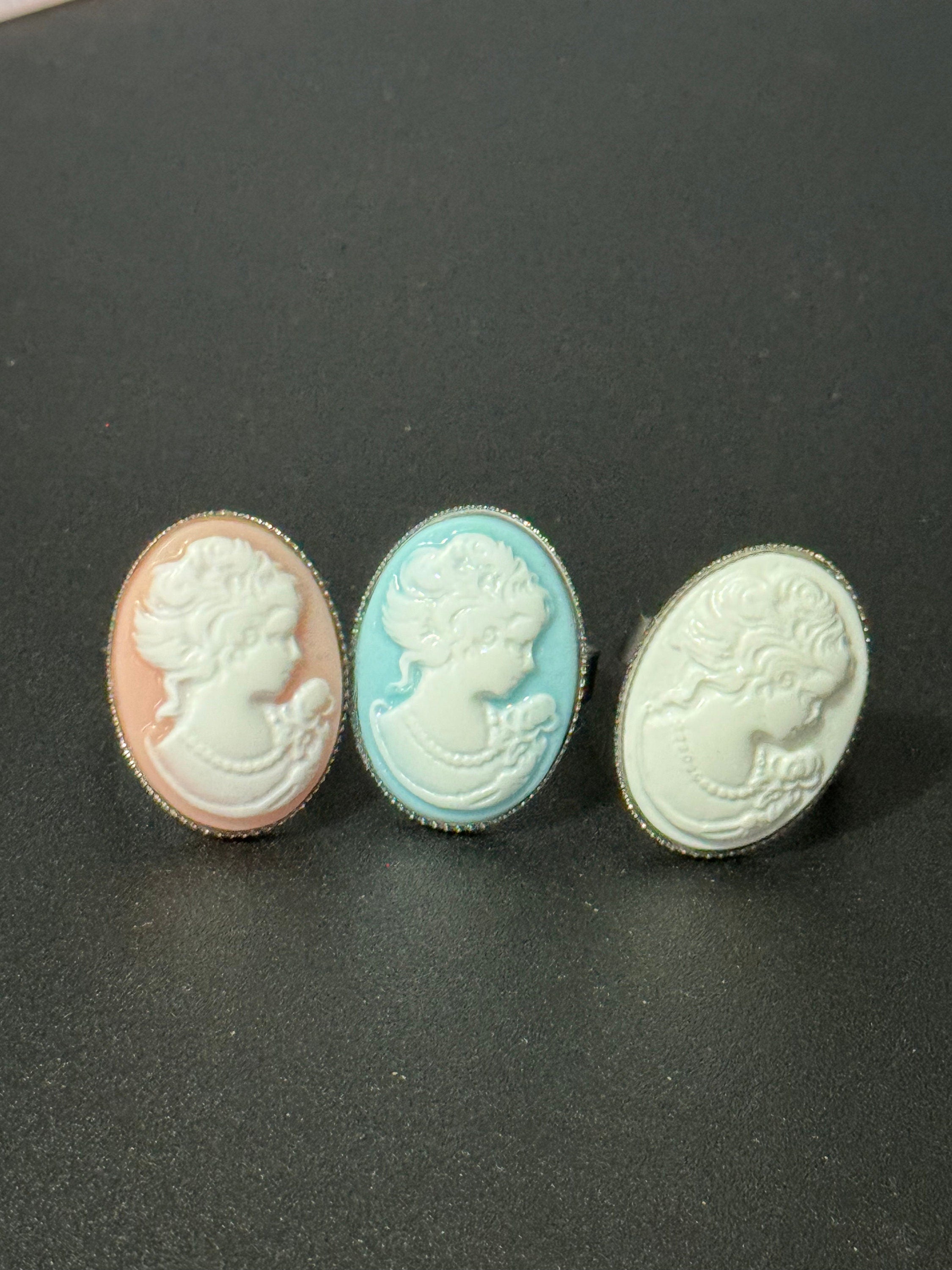 Pink resin cameo lady ring adjustable non tarnish stainless steel