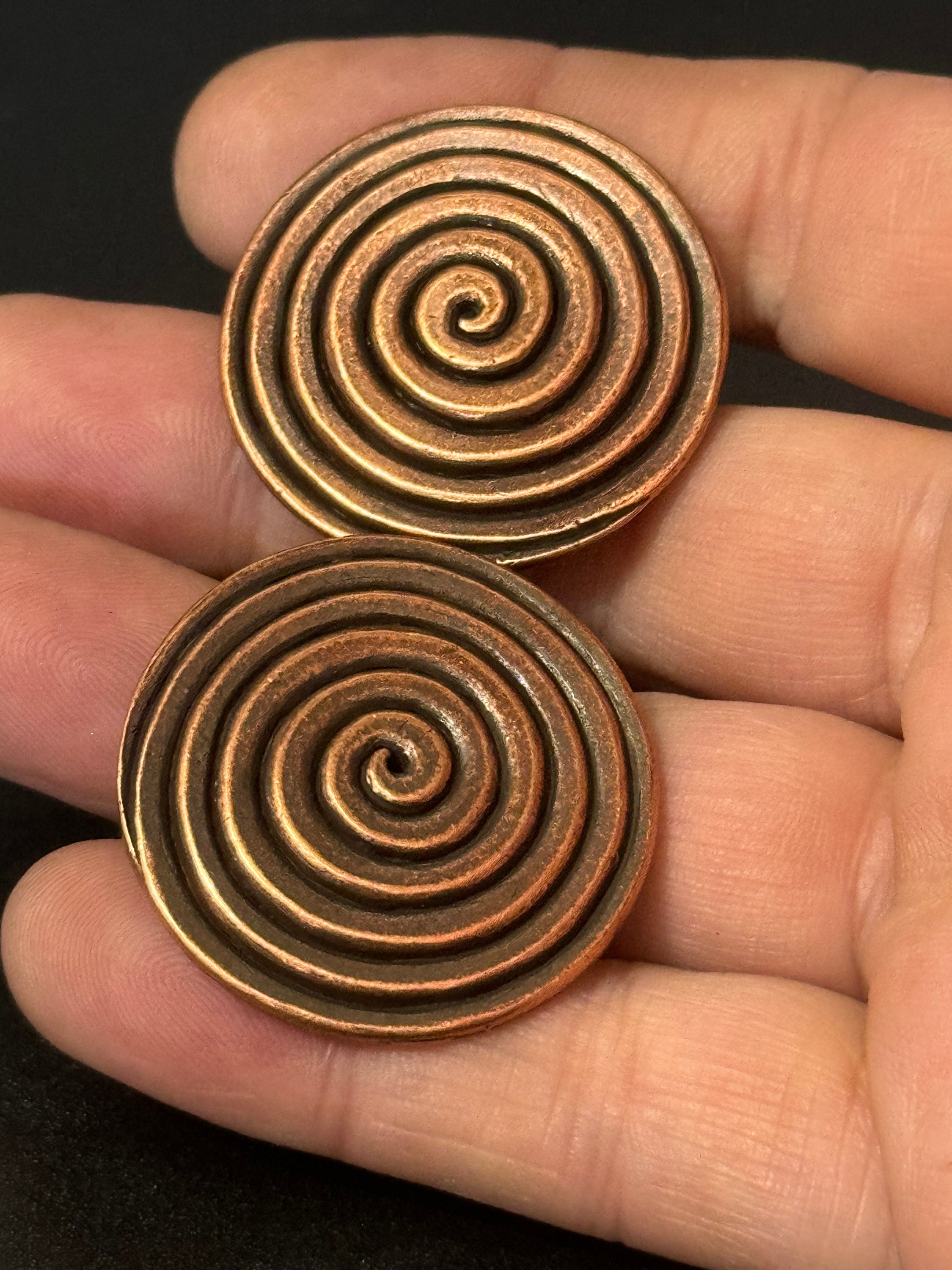 Copper disc clip on earrings, Etruscan 3.5cm round 80s period