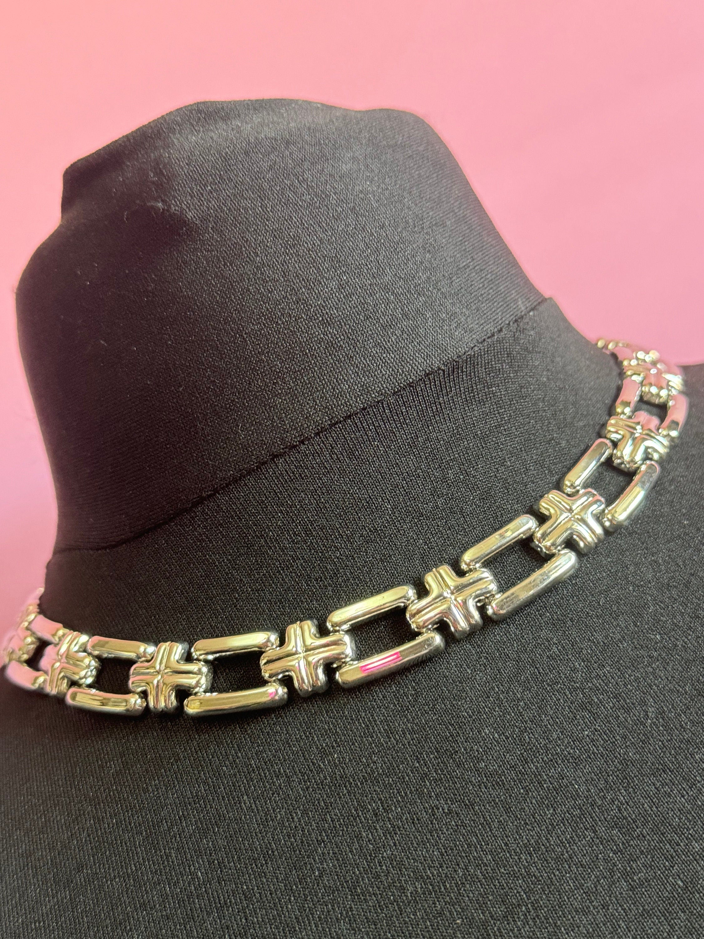 Vintage 1980s silver tone wide choker necklace old shop stock 45 x 1.5cm