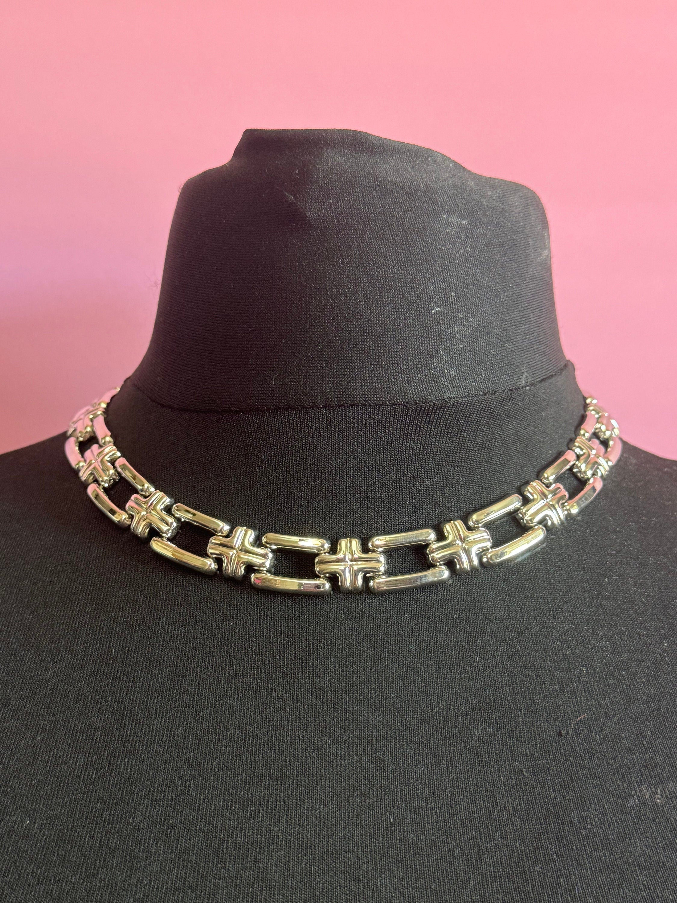Vintage 1980s silver tone wide choker necklace old shop stock 45 x 1.5cm
