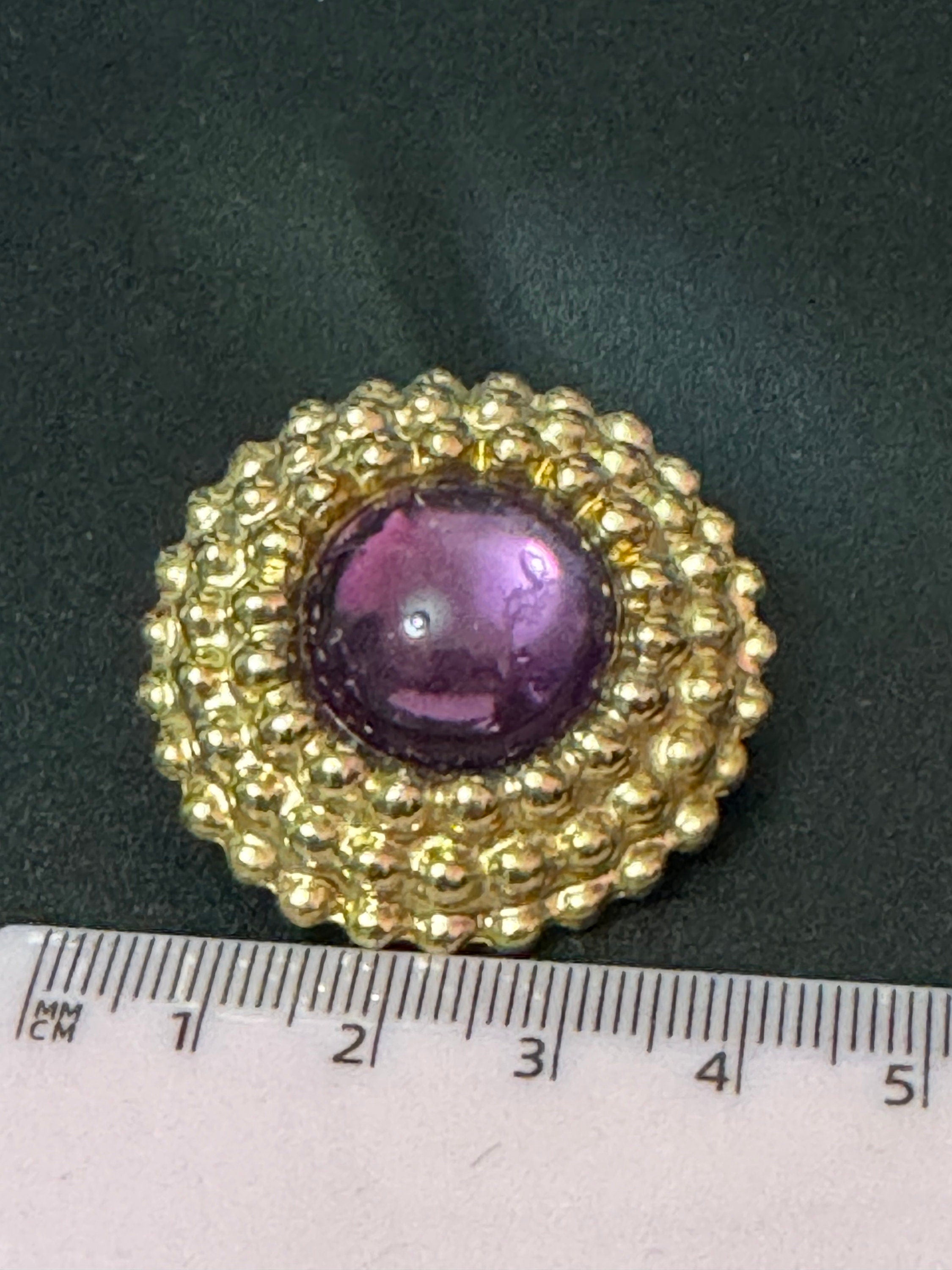 True vintage oversized 3.5cm Gold tone Purple cabochon nautical rope twist round domed clip on earrings 1980s