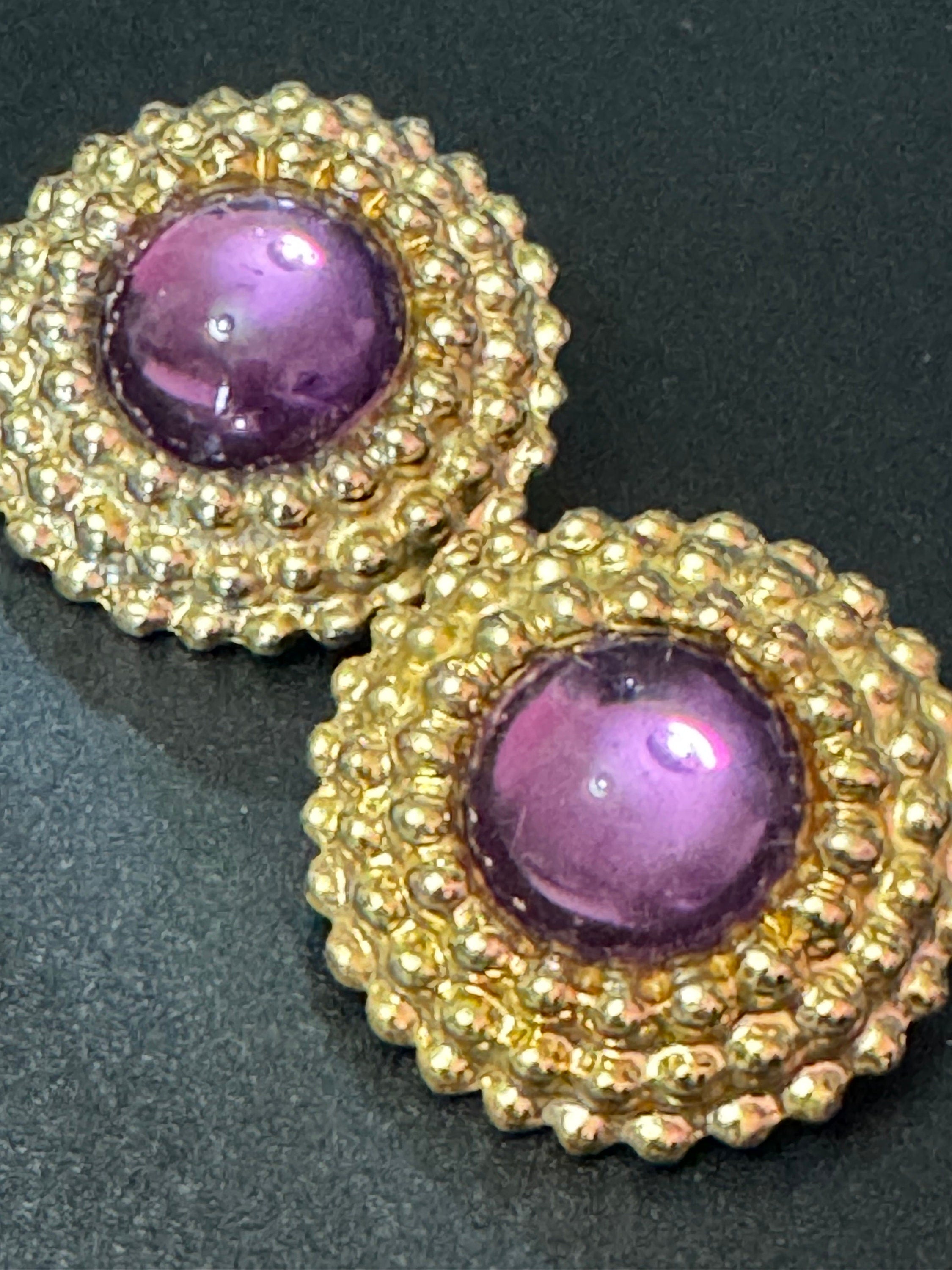 True vintage oversized 3.5cm Gold tone Purple cabochon nautical rope twist round domed clip on earrings 1980s