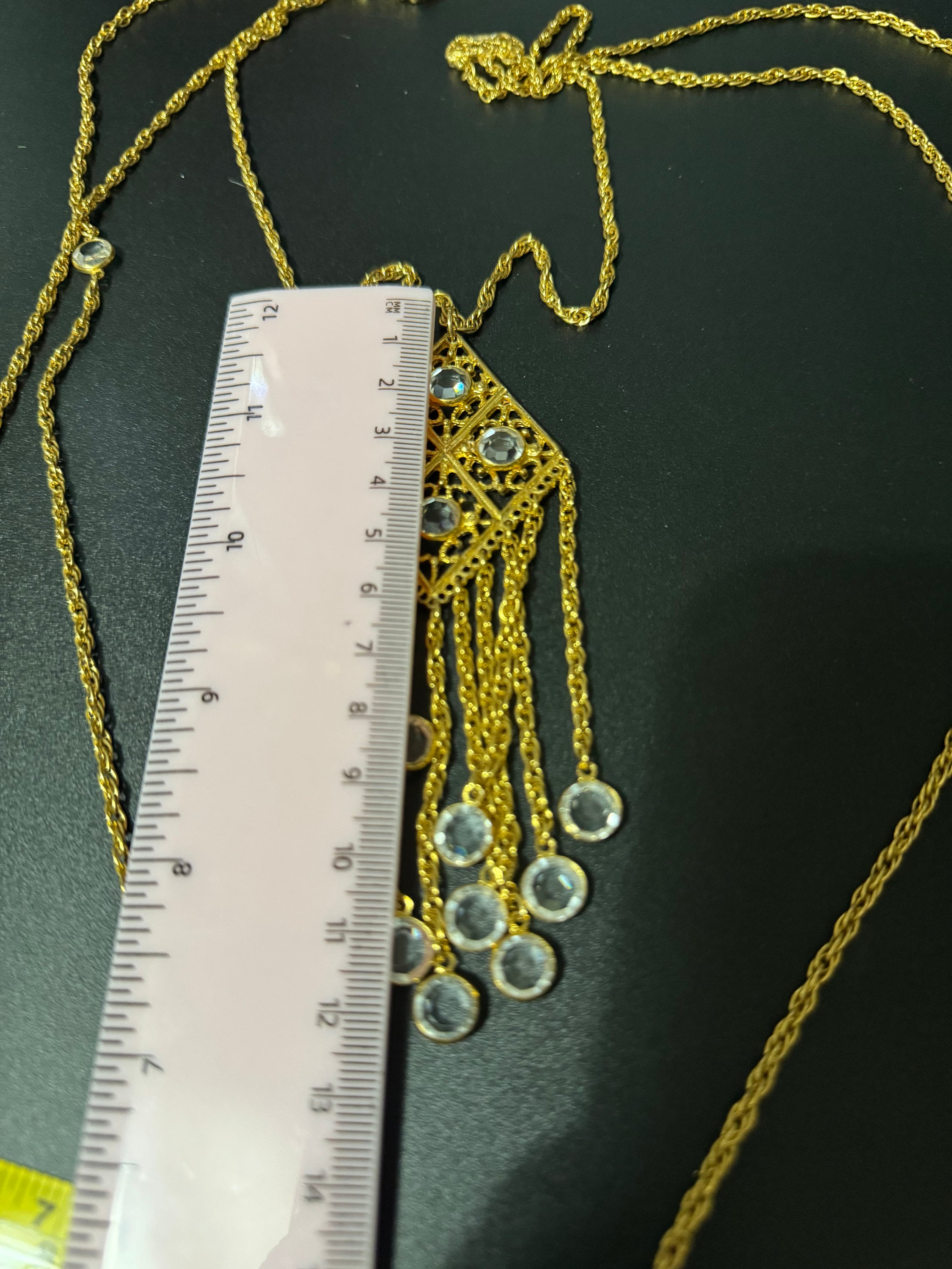 Signed Goldette vintage 1970s Rivière bezel set clear glass Crystal gold tone multi strand 3 row chain pendant necklace
