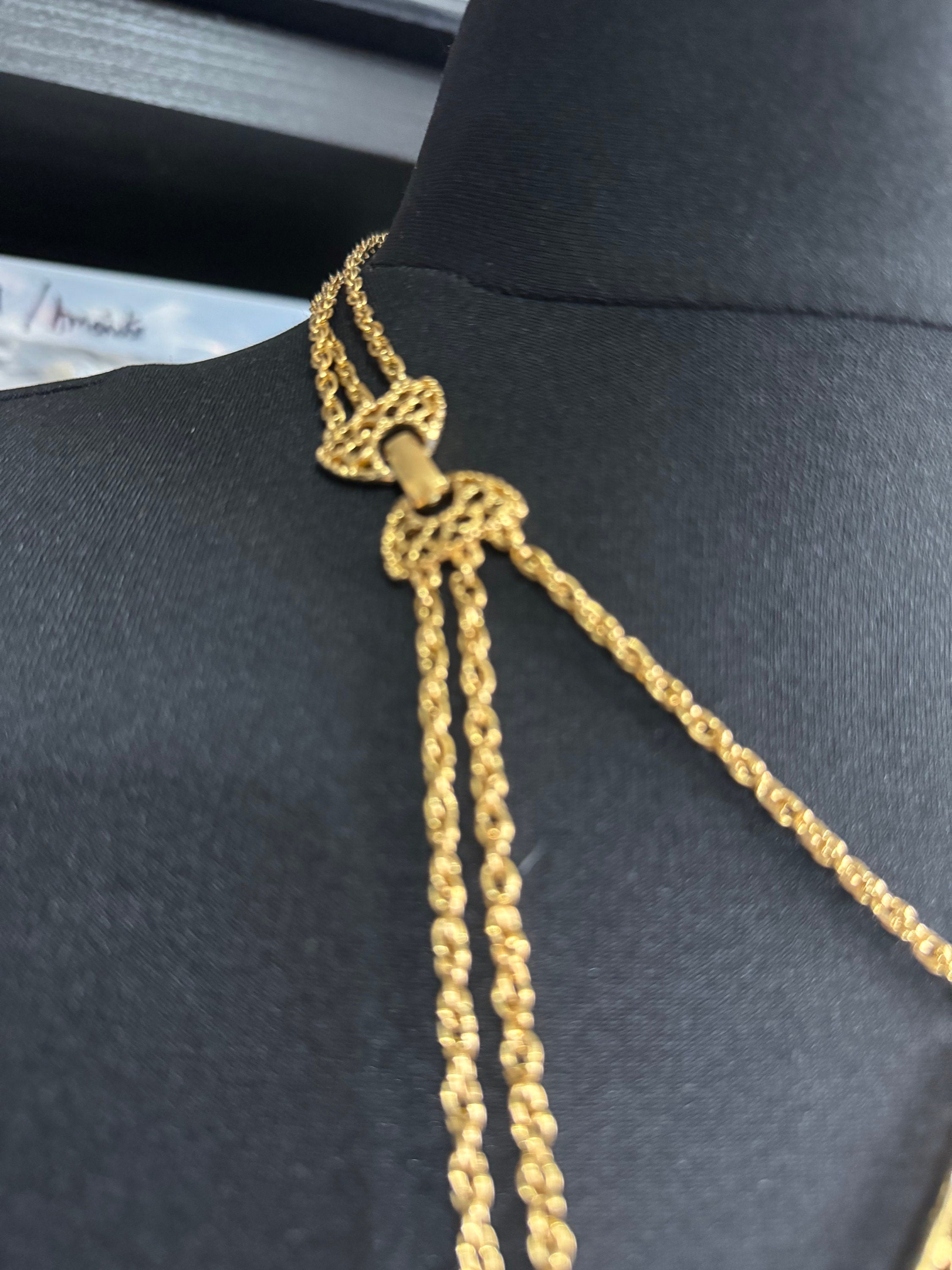 Signed Goldette vintage 1970s Rivière bezel set clear glass Crystal gold tone multi strand 3 row chain pendant necklace