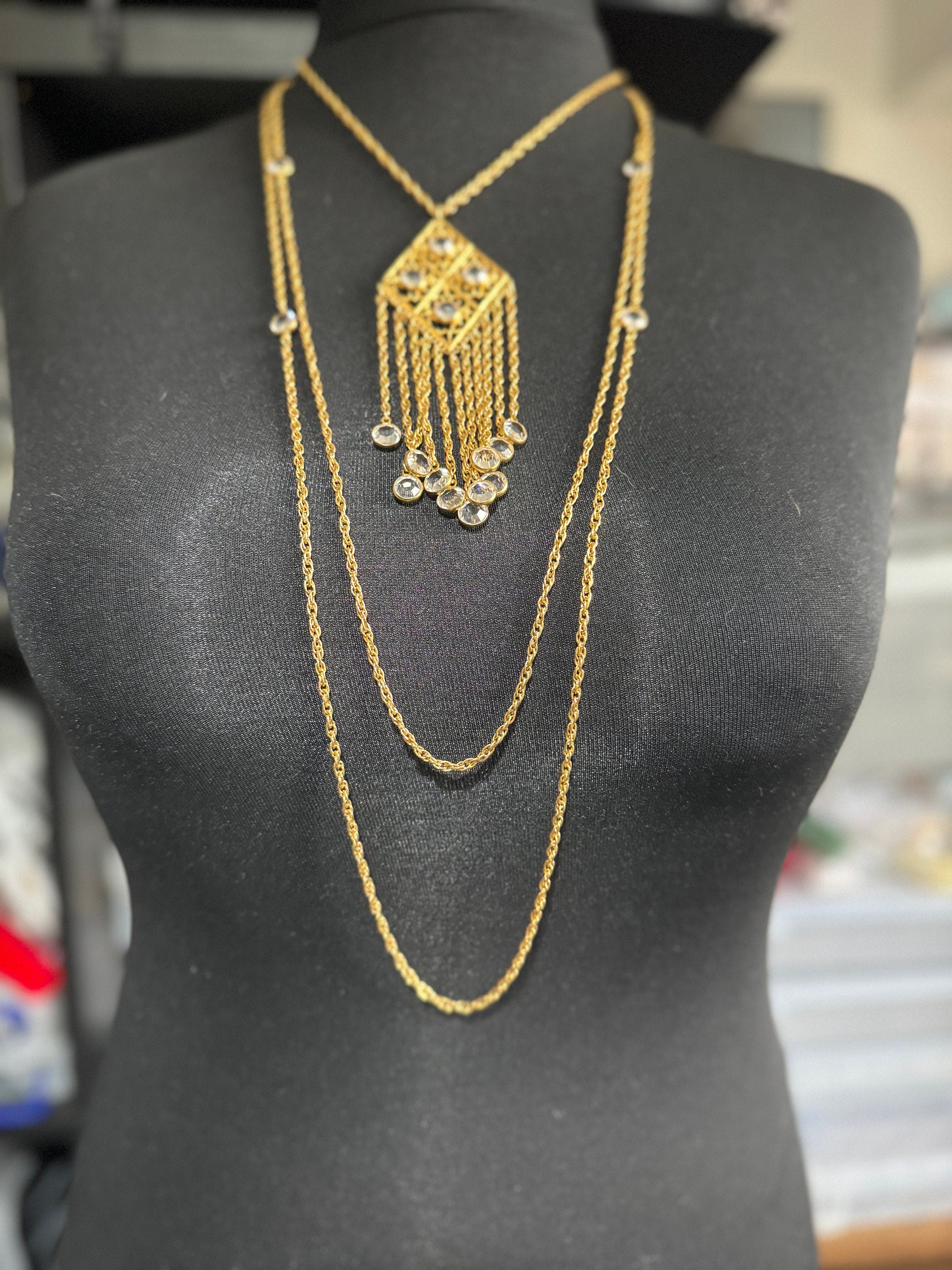 Signed Goldette vintage 1970s Rivière bezel set clear glass Crystal gold tone multi strand 3 row chain pendant necklace
