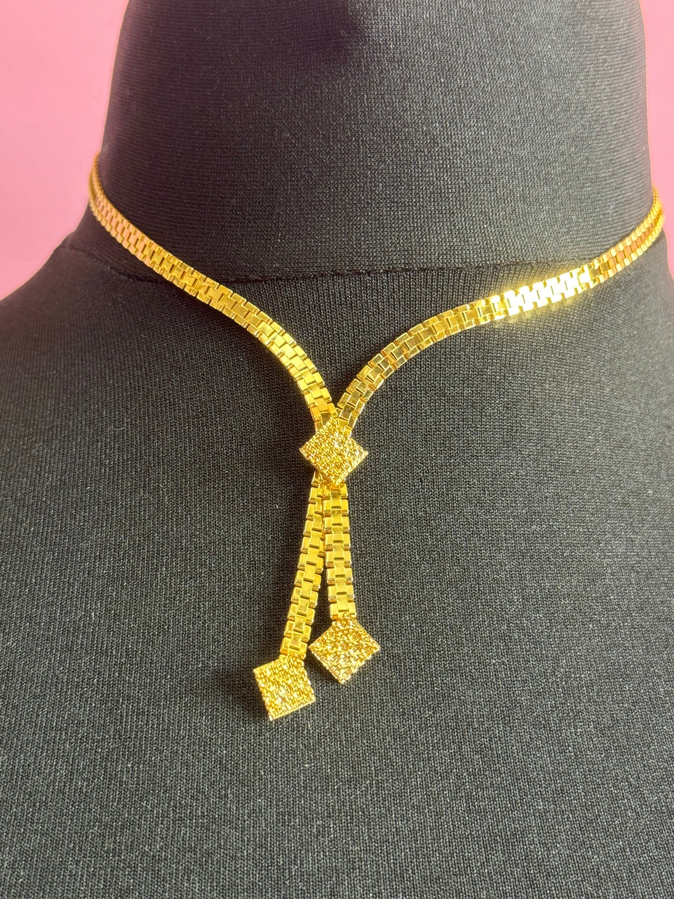 true Vintage pristine 1970s gold Tone fancy link chain lariat crystal negligee drop necklace old shop stock