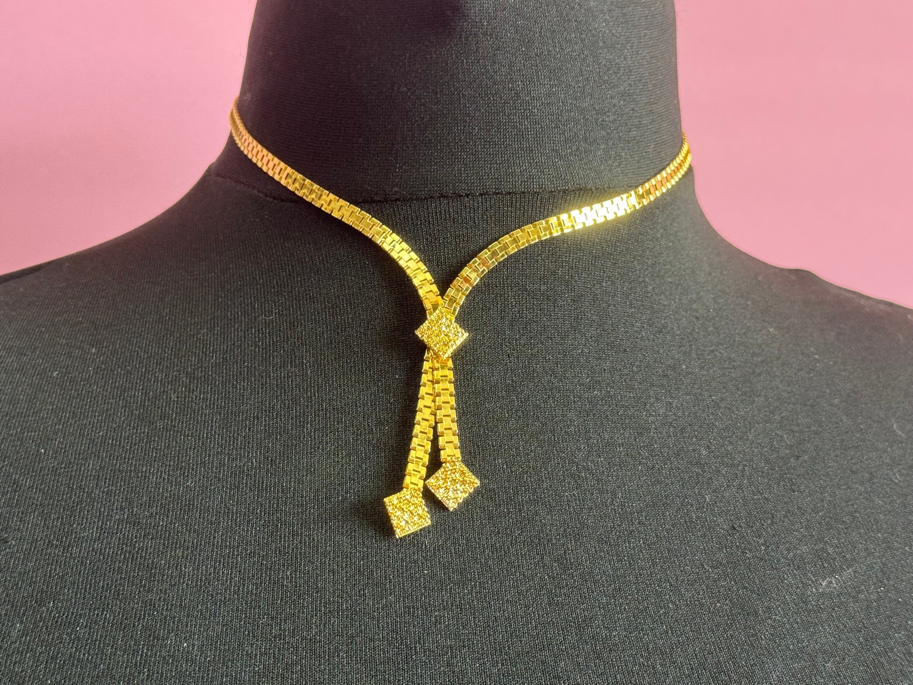 true Vintage pristine 1970s gold Tone fancy link chain lariat crystal negligee drop necklace old shop stock