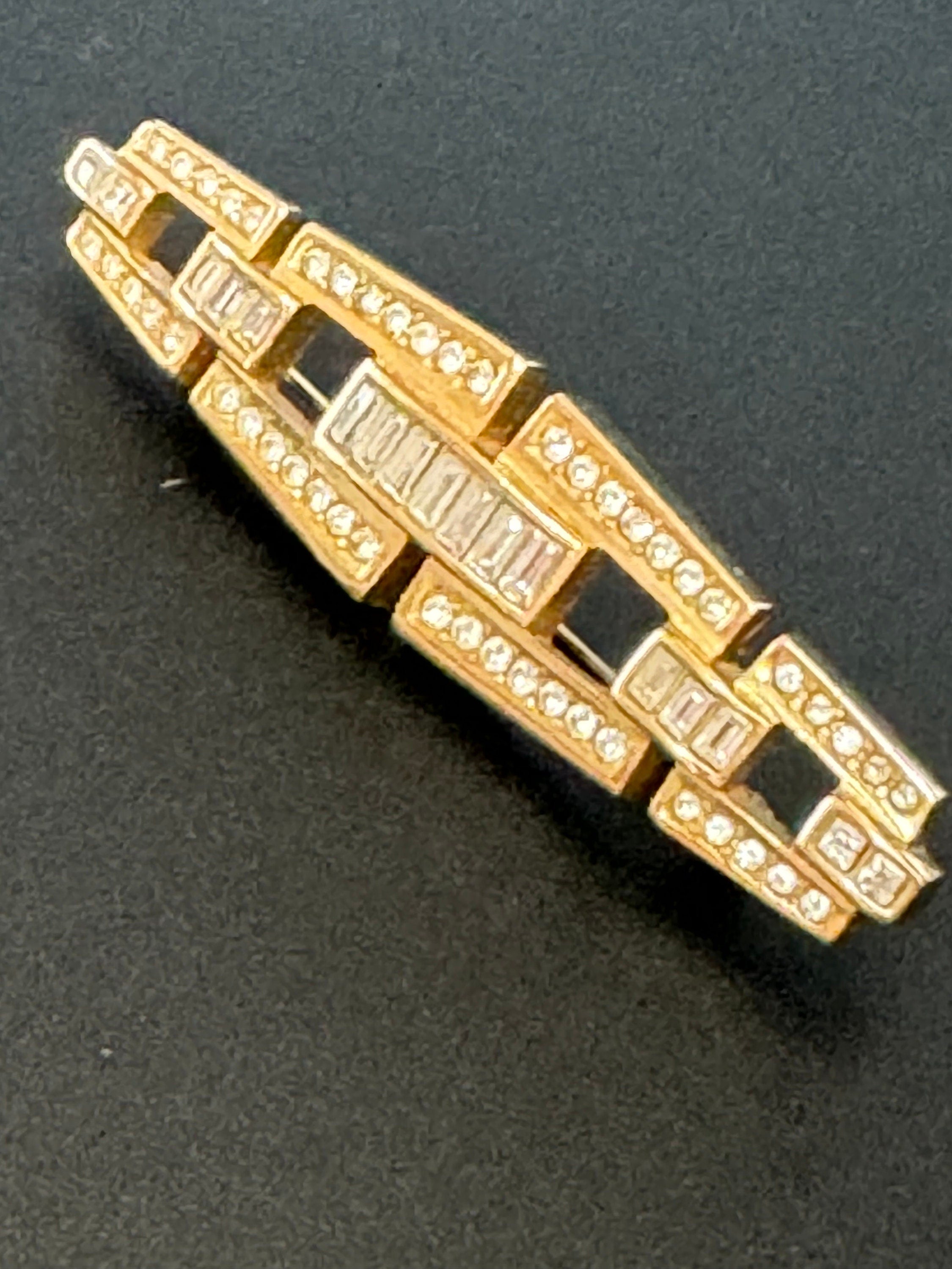 Signed GROSSE German Designer rhinestone Gold Tone modernist high end bar brooch with roll clasp