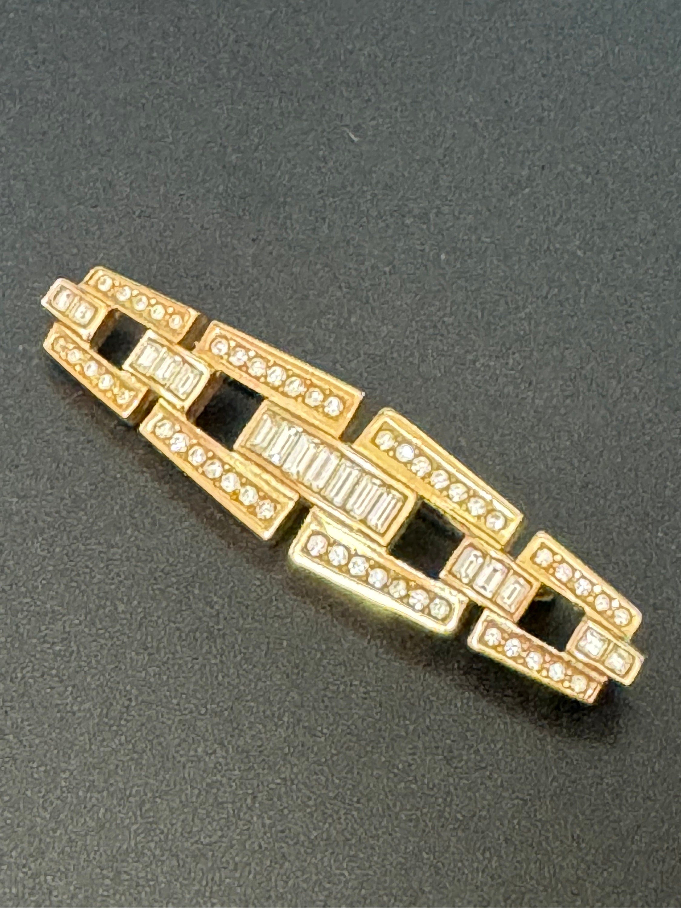 Signed GROSSE German Designer rhinestone Gold Tone modernist high end bar brooch with roll clasp