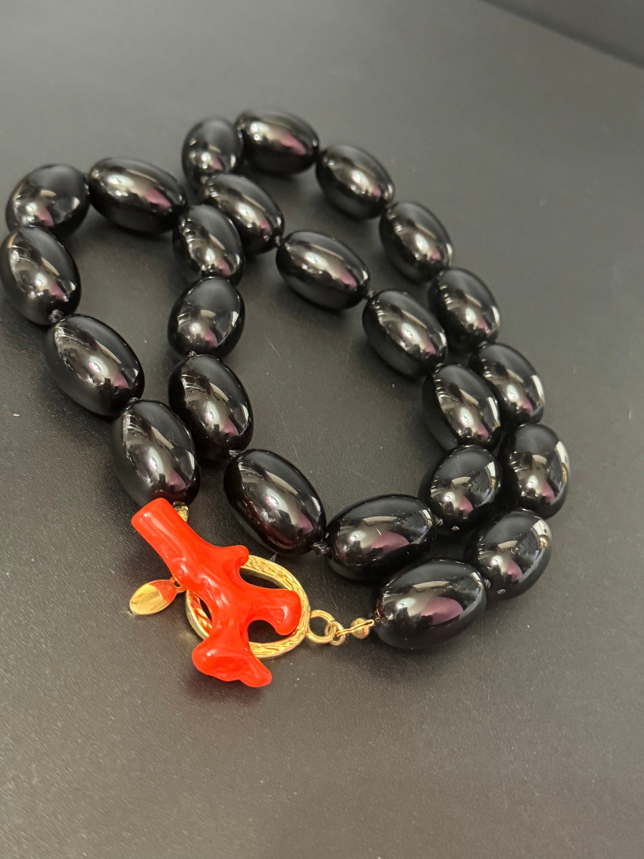 Signed KJL faux coral and black plastic beaded chunky long necklace Kenneth jay lane