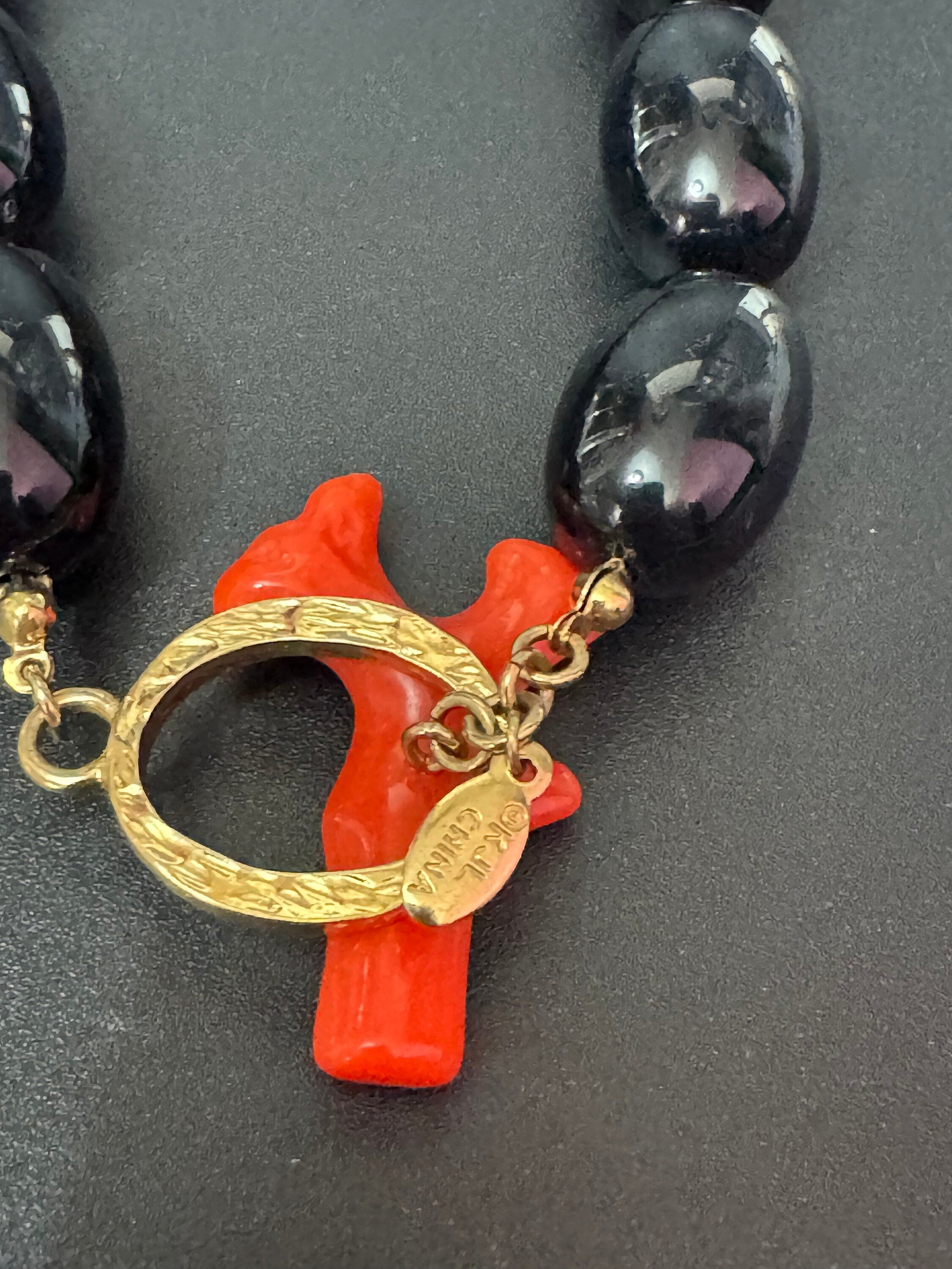 Signed KJL faux coral and black plastic beaded chunky long necklace Kenneth jay lane