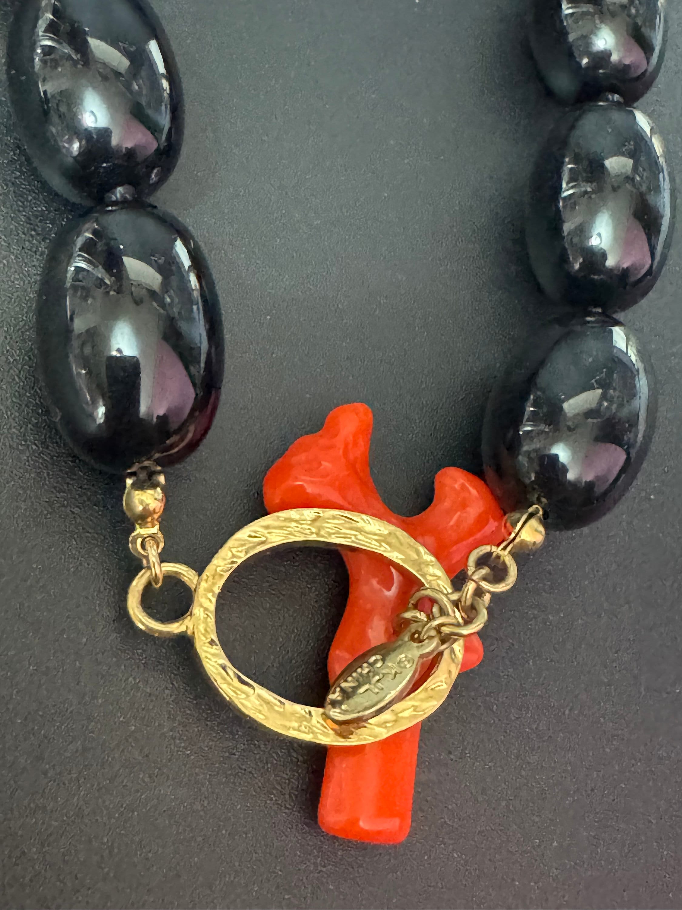 Signed KJL faux coral and black plastic beaded chunky long necklace Kenneth jay lane