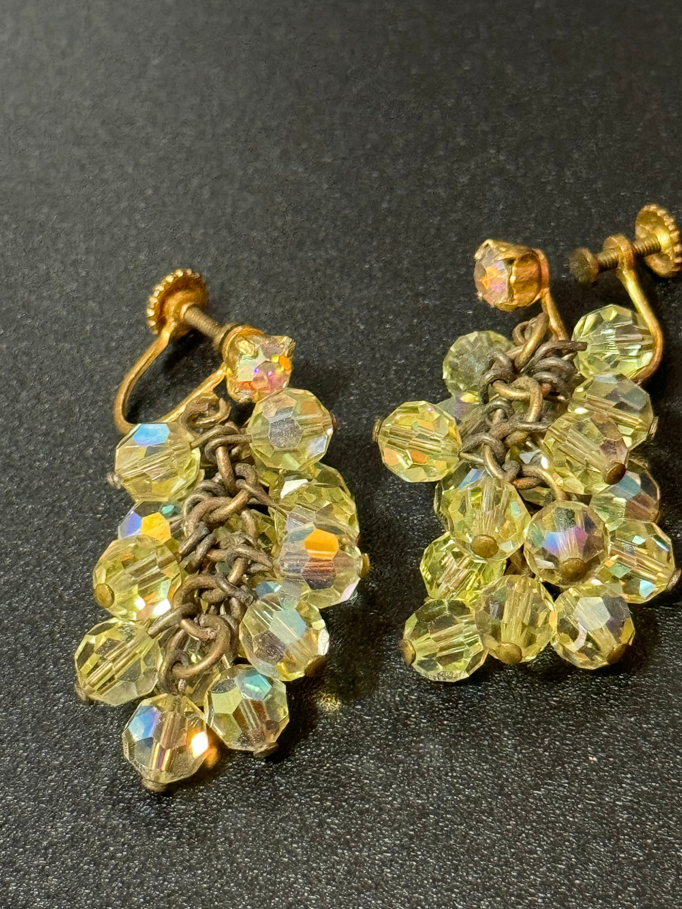 Vintage Aurora Borealis Glass Chandelier Earrings: 1930s-40s Clip On