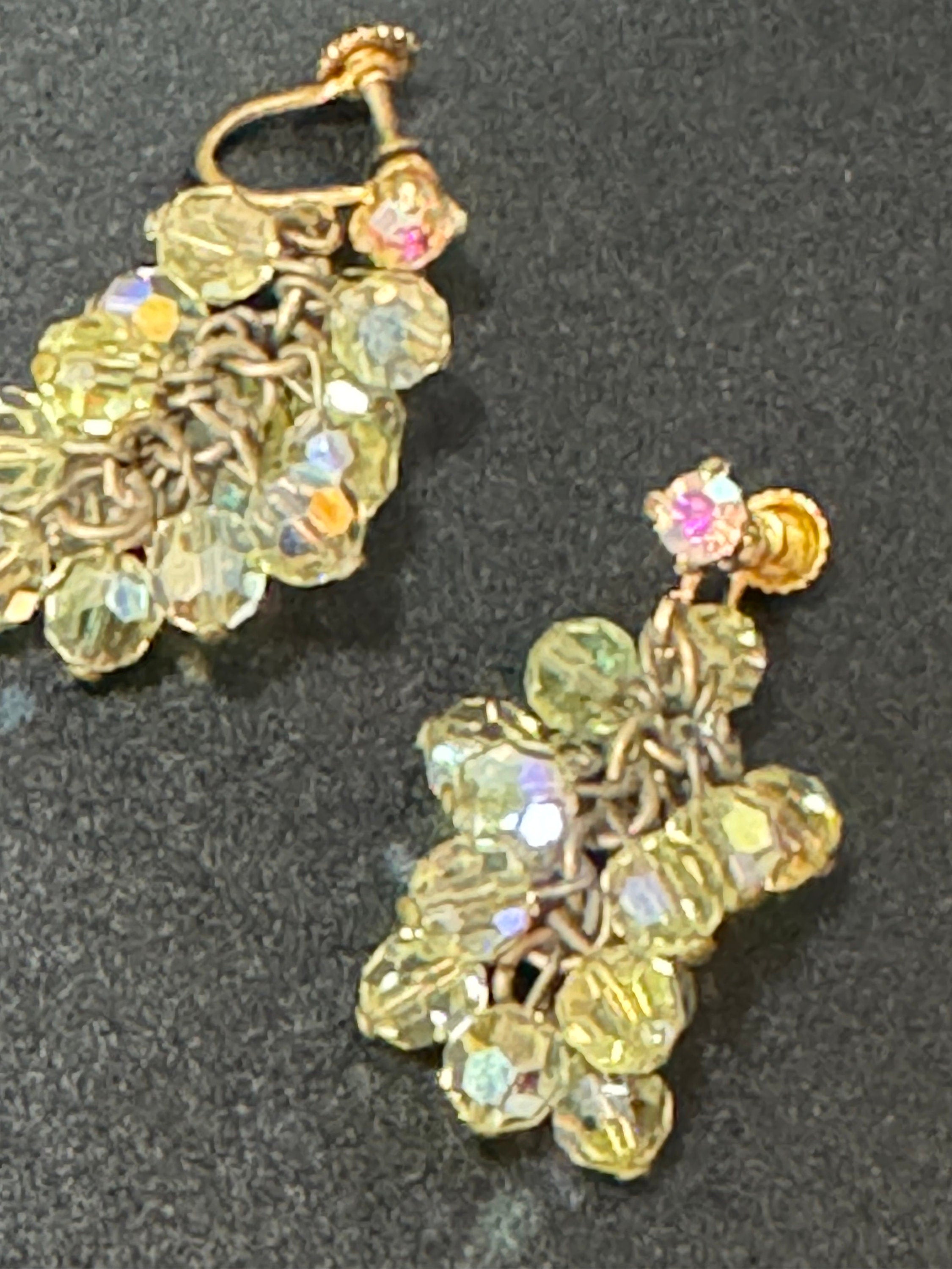 Vintage Aurora Borealis Glass Chandelier Earrings: 1930s-40s Clip On