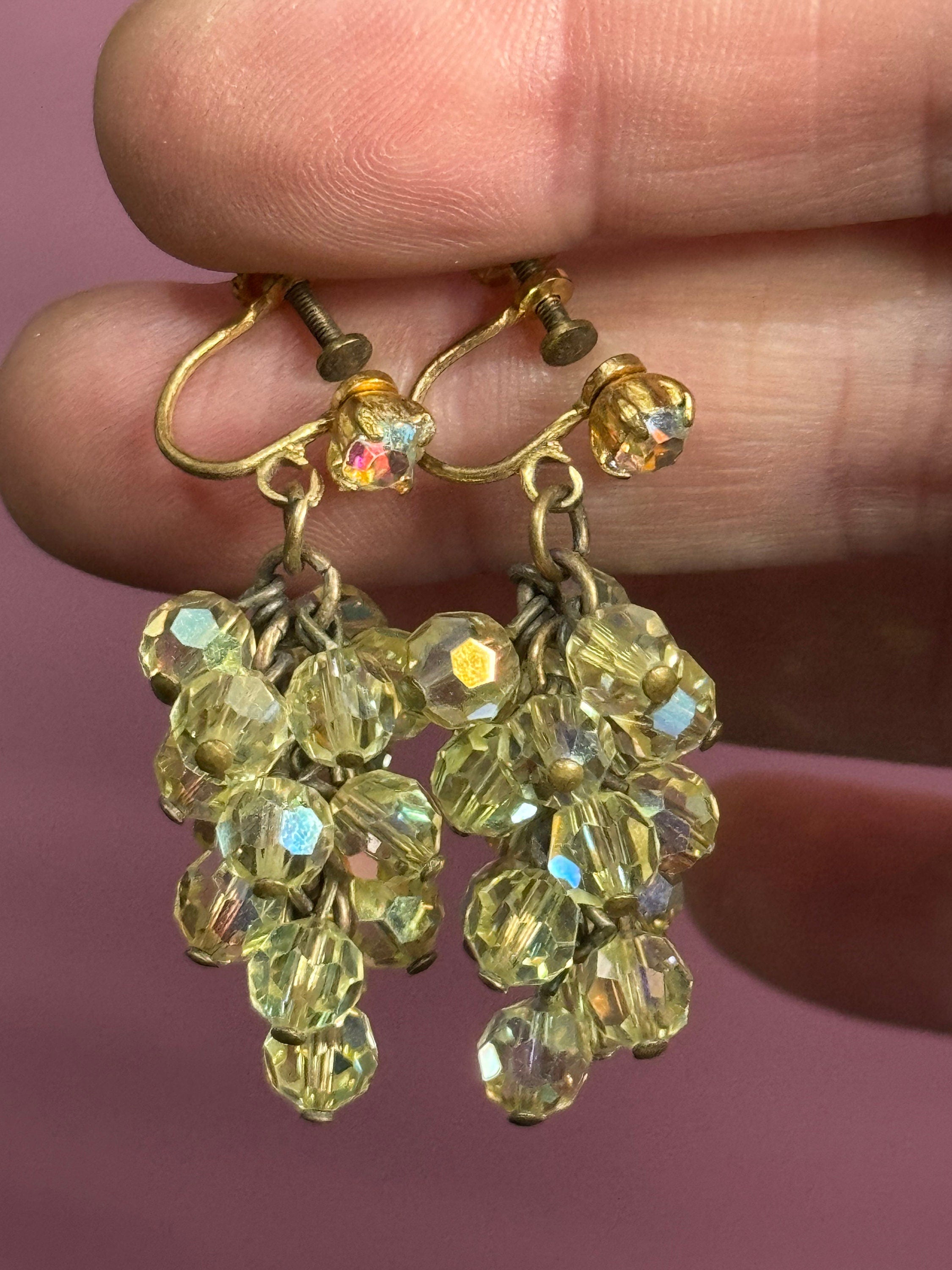 Vintage Aurora Borealis Glass Chandelier Earrings: 1930s-40s Clip On