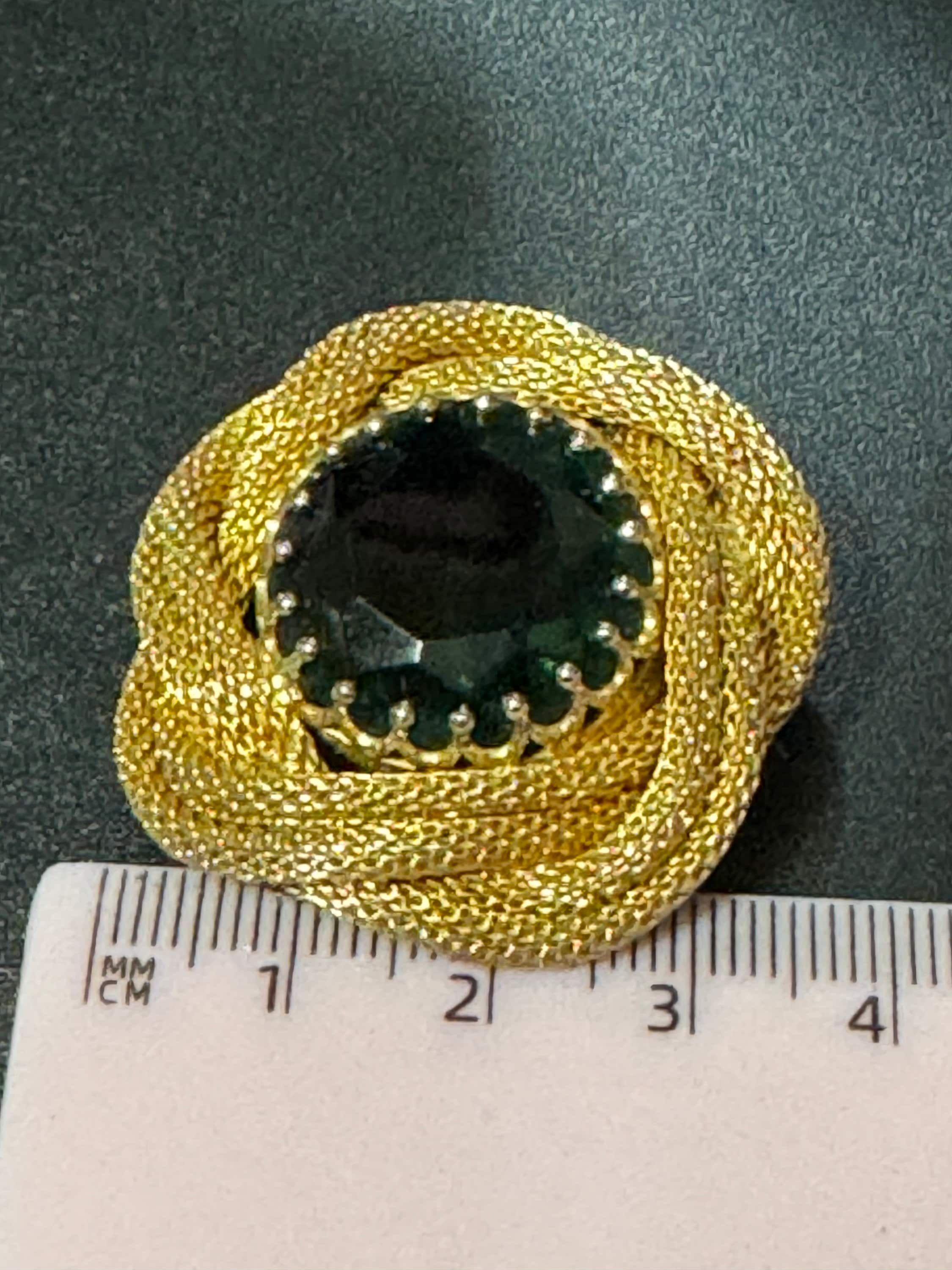vintage modernist gold tone Green glass mesh brooch 4cm