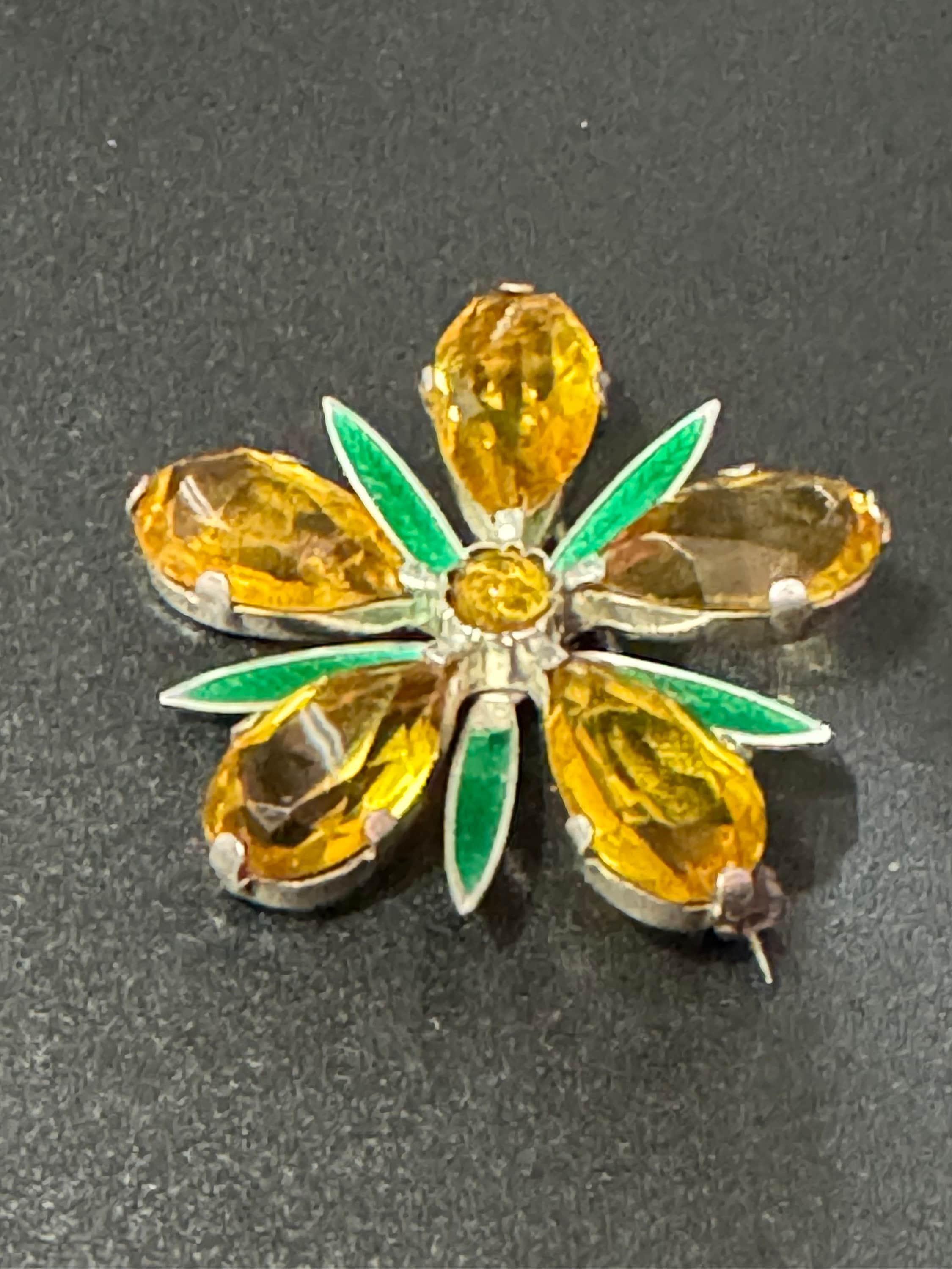 Vintage flower brooch 5cm with green guilloche enamel and yellow brown glass faceted rhinestones silver tone