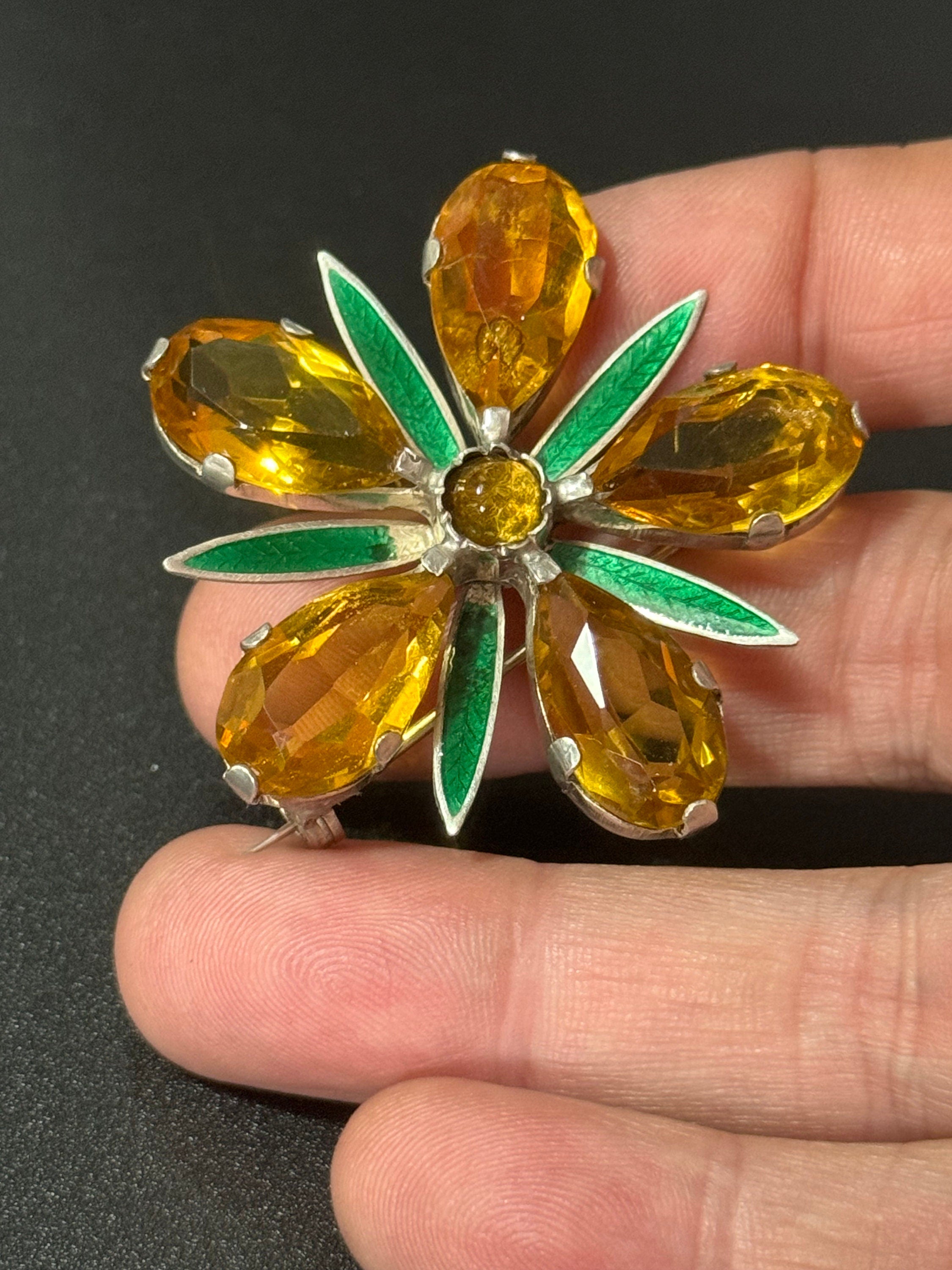 Vintage flower brooch 5cm with green guilloche enamel and yellow brown glass faceted rhinestones silver tone