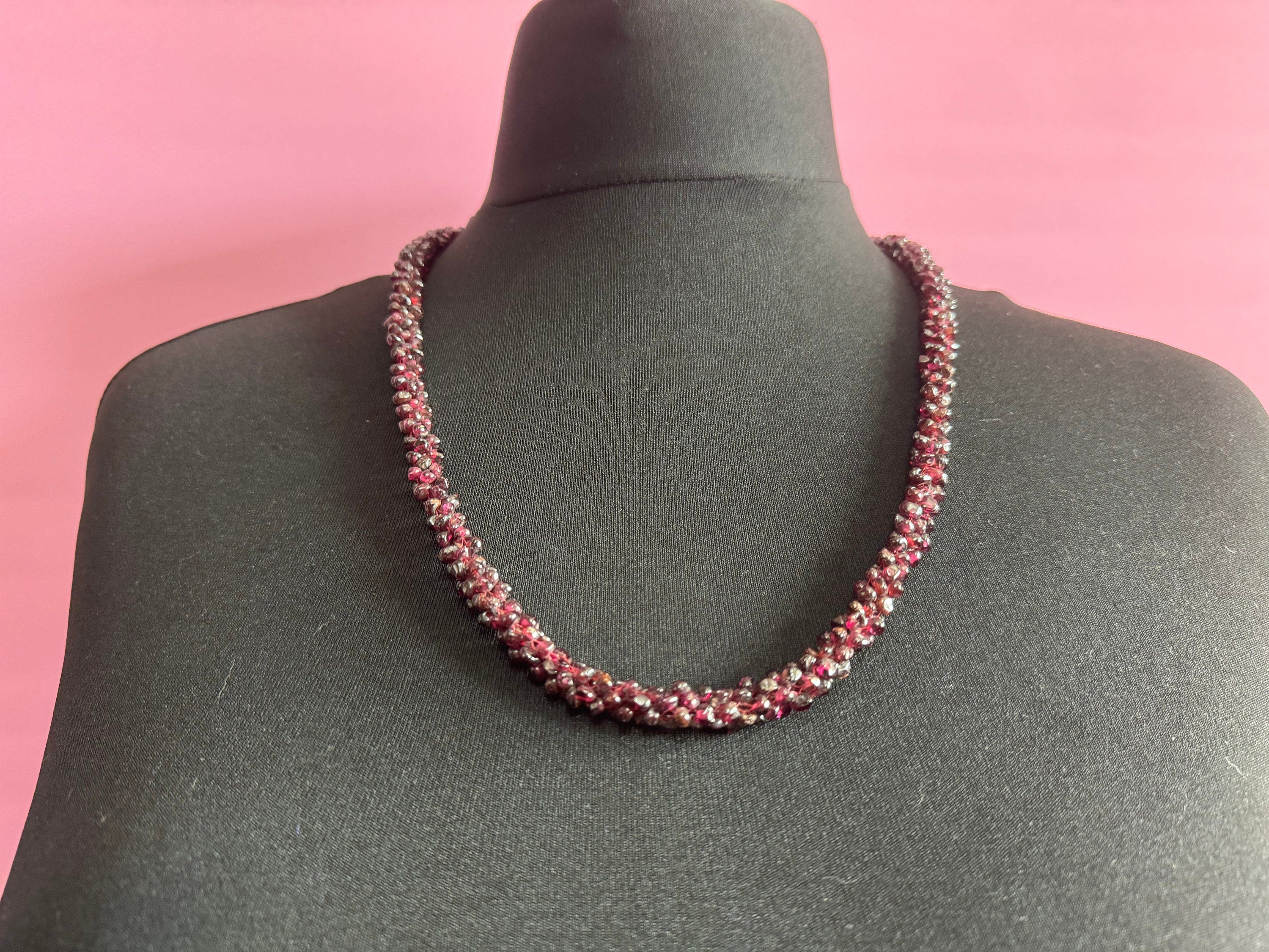 Vintage Art Deco garnet red purple seed bead gemstone beaded necklace long