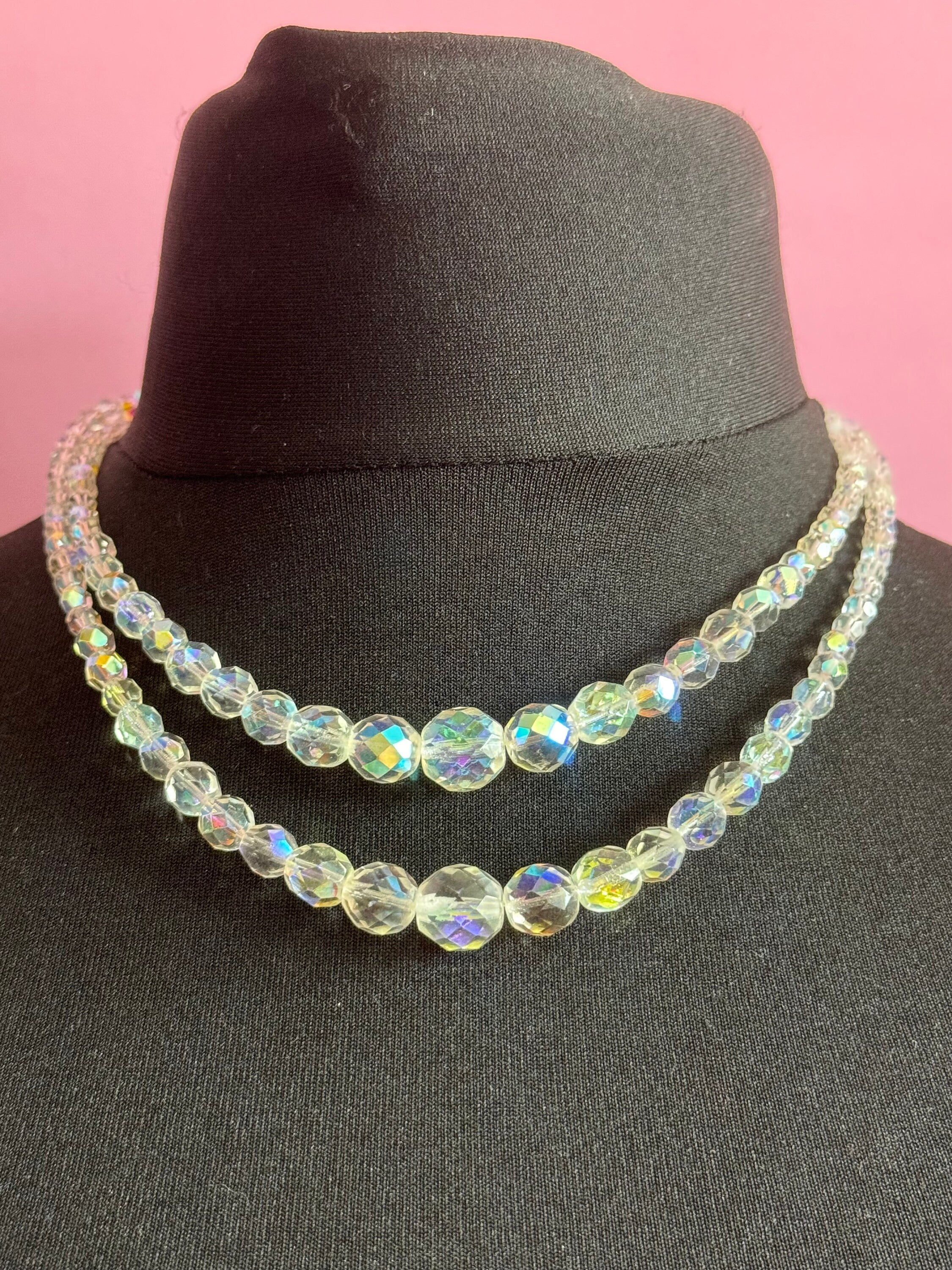 Vintage 1950s Aurora Borealis Crystal Bead Necklace (46cm)