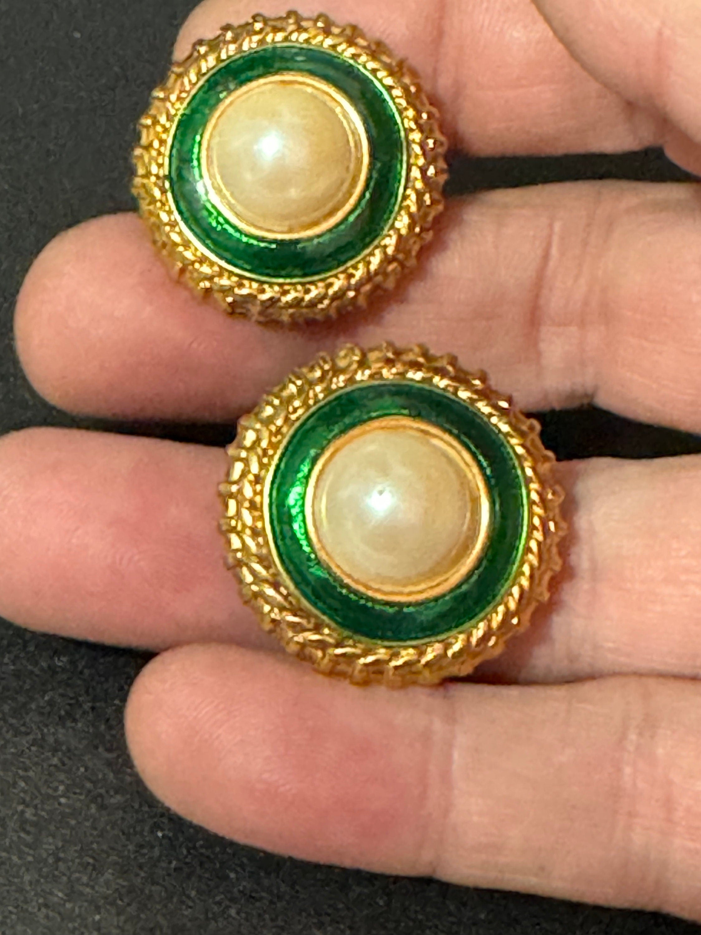 Vintage Retro 1980s Green enamel and Faux Pearl Cabuchon Clip On Gold Tone Stud Earrings Statement Runway Fashion Studs