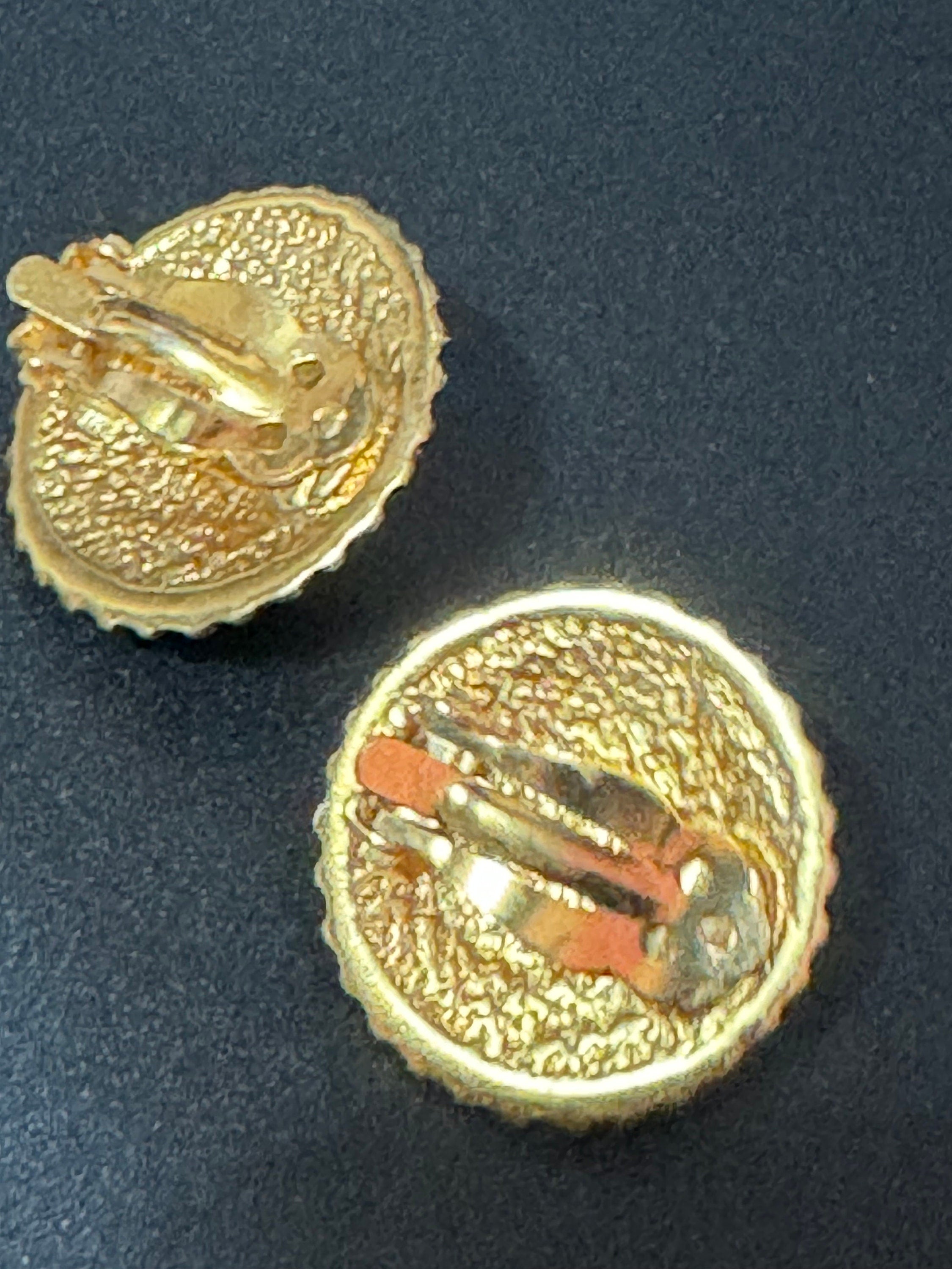Vintage Retro 1980s Green enamel and Faux Pearl Cabuchon Clip On Gold Tone Stud Earrings Statement Runway Fashion Studs