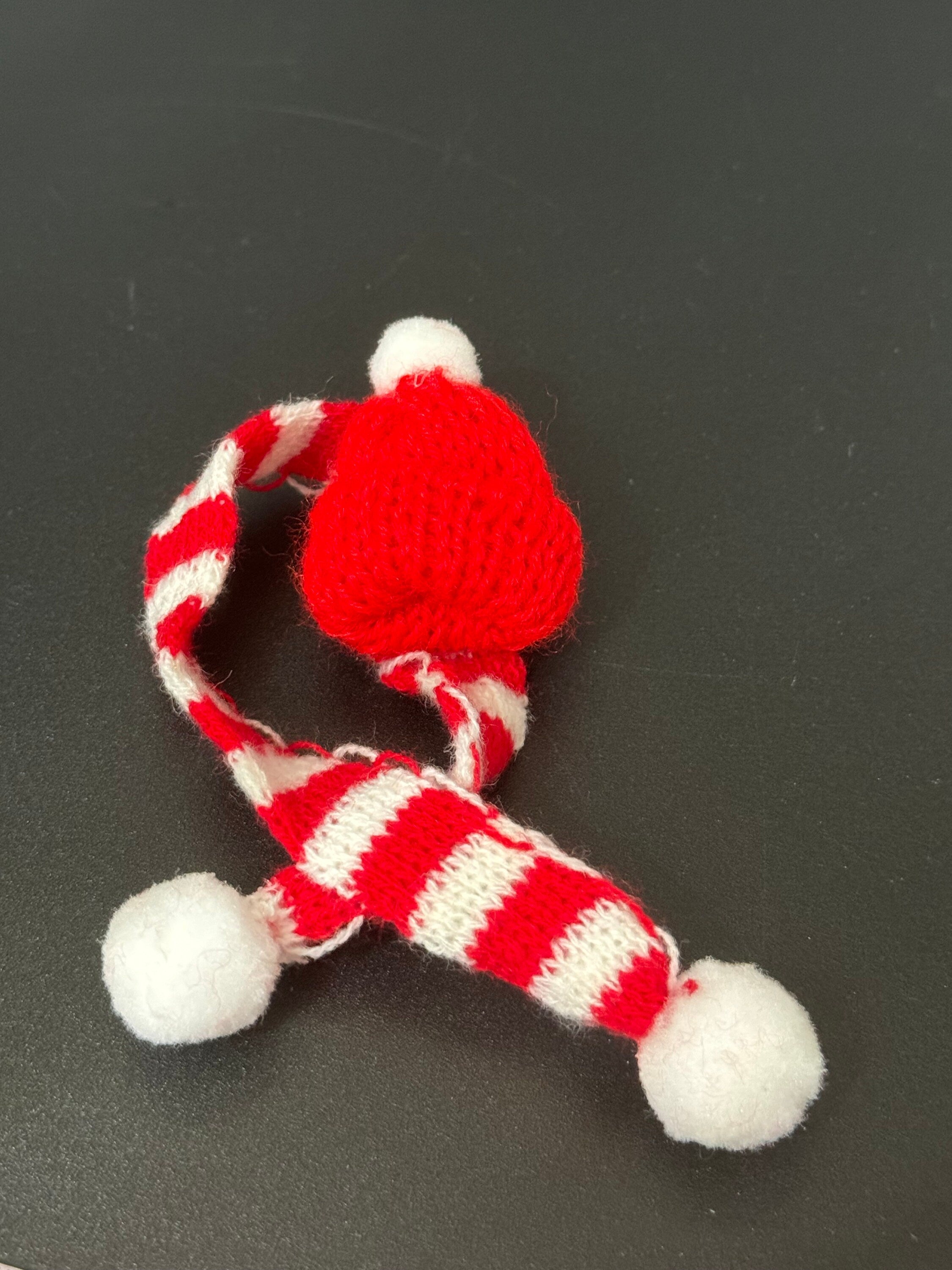 Miniature red and white Wool hat and matching scarf cake topper bottle tops