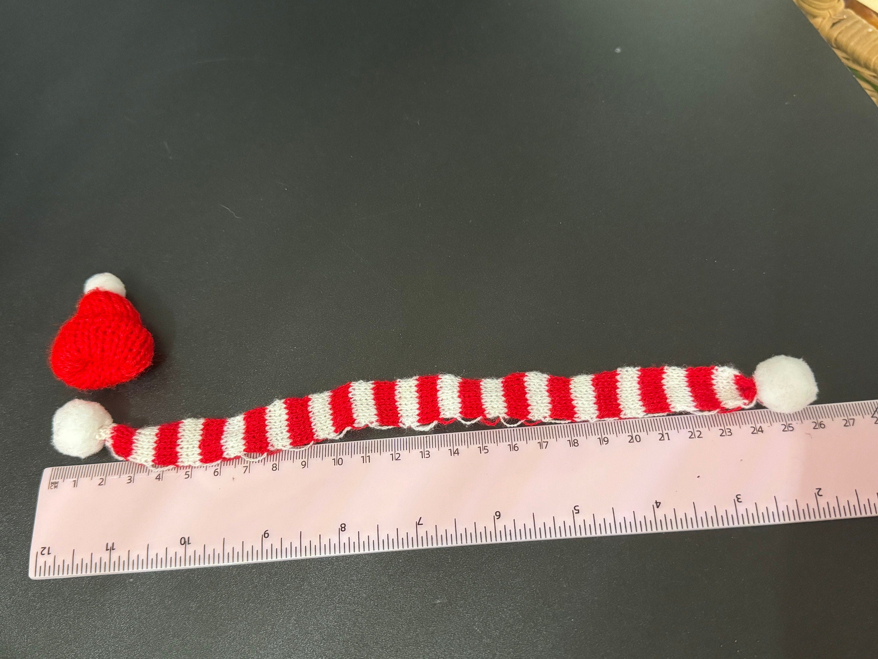 Miniature red and white Wool hat and matching scarf cake topper bottle tops
