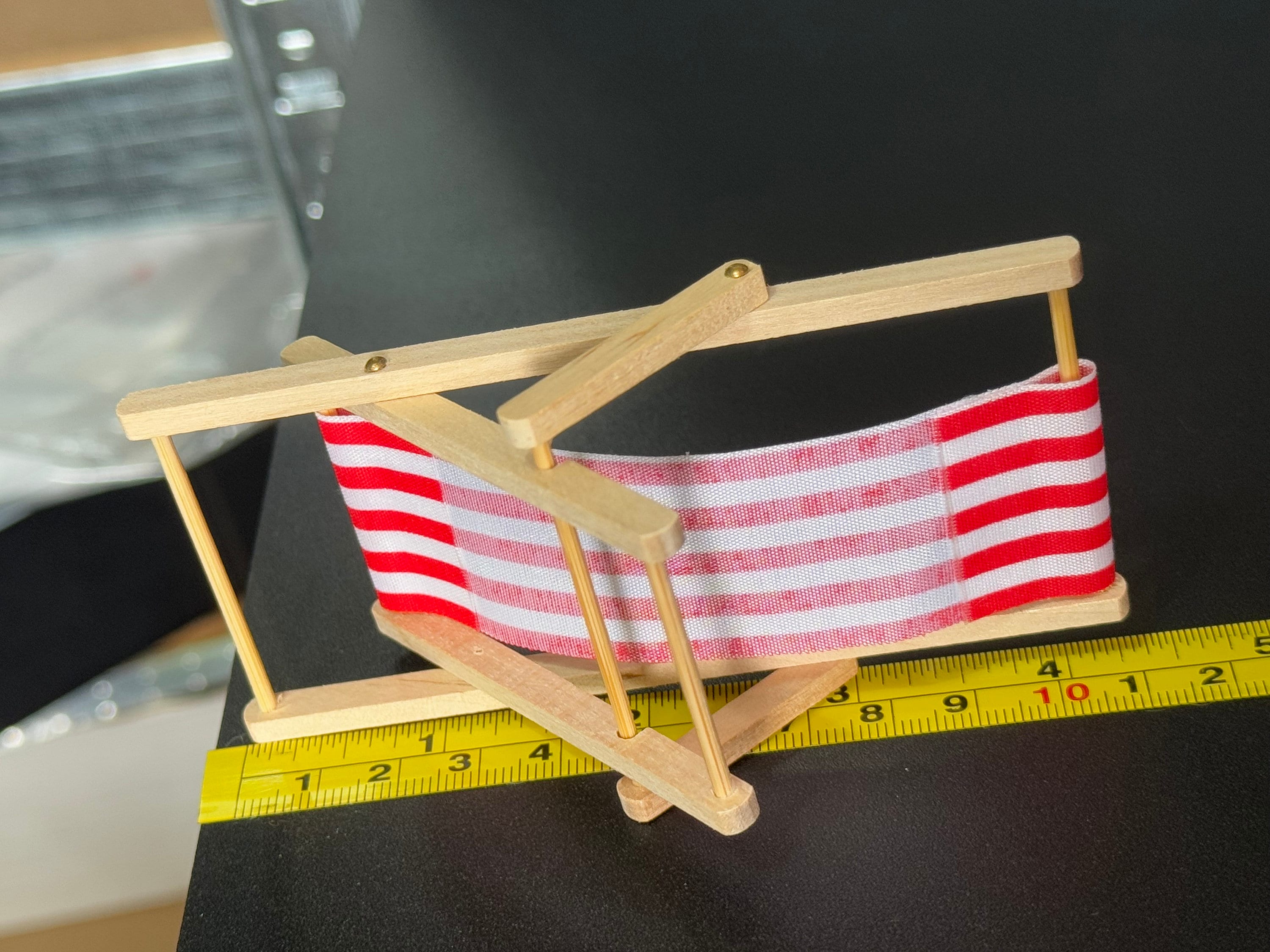 miniature deckchair cake topper , wooden red and white striped, seaside craft scenery nautical