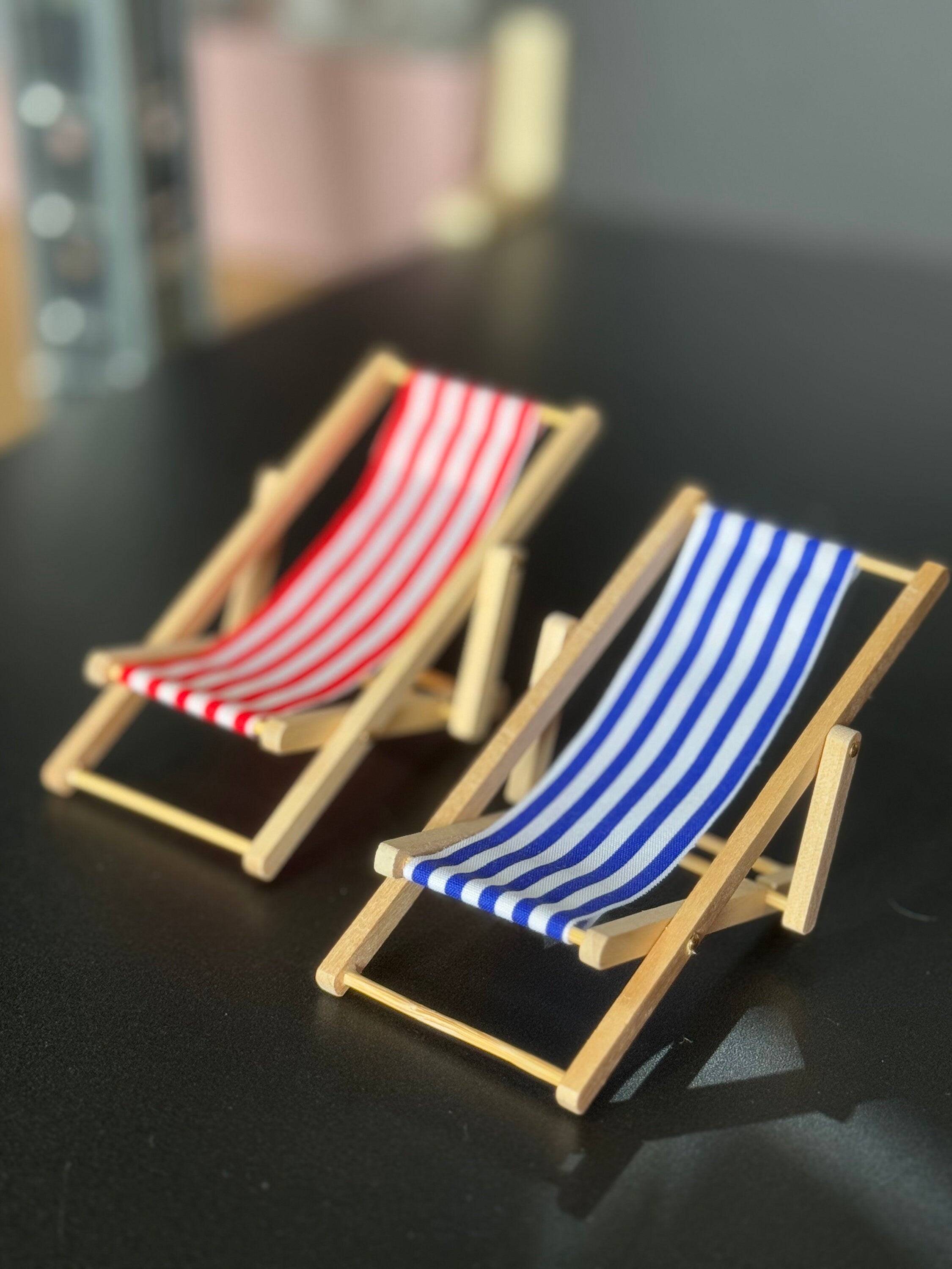 miniature deckchair cake topper , wooden red and white striped, seaside craft scenery nautical