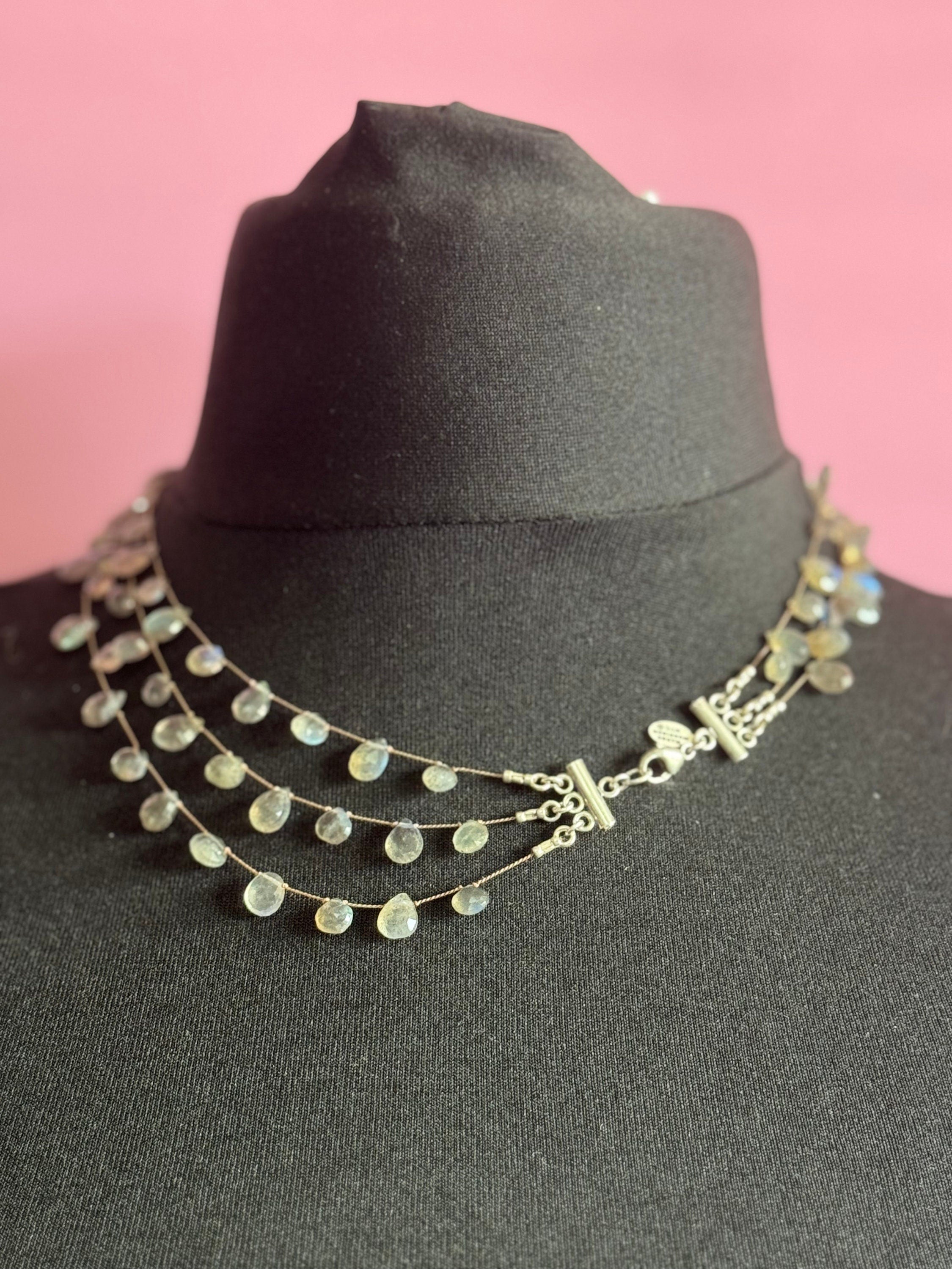 Signed Margo Morrison NYC designer silver and labradorite gemstone triple strand choker necklace