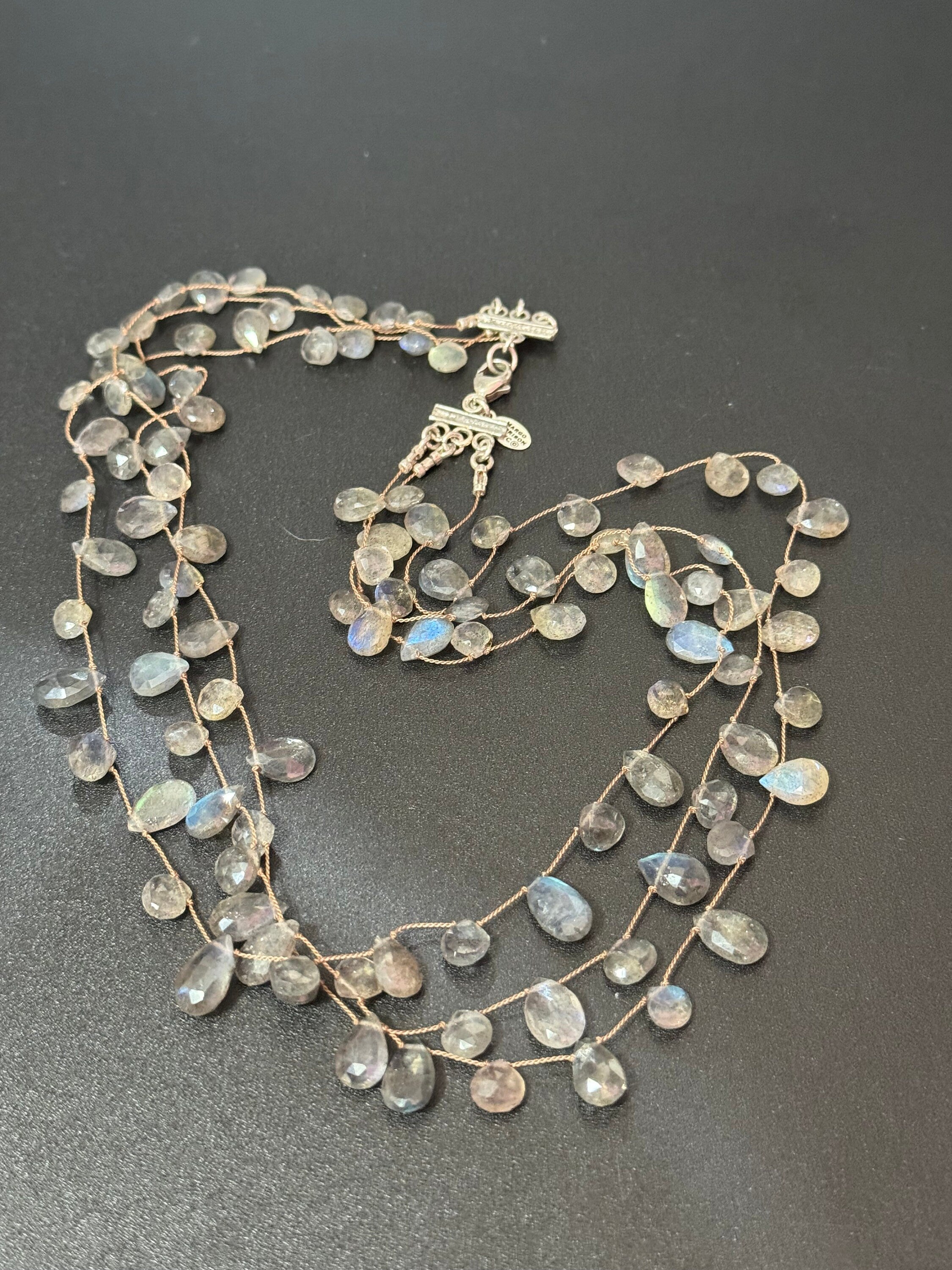 Signed Margo Morrison NYC designer silver and labradorite gemstone triple strand choker necklace